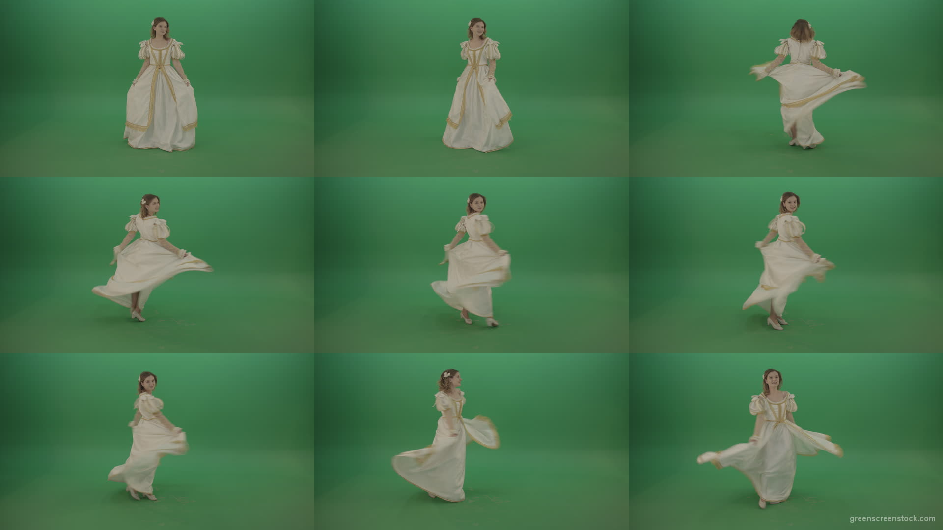 Princess-dances-twisting-around-the-circle-isolated-on-chromakey-background Green Screen Stock