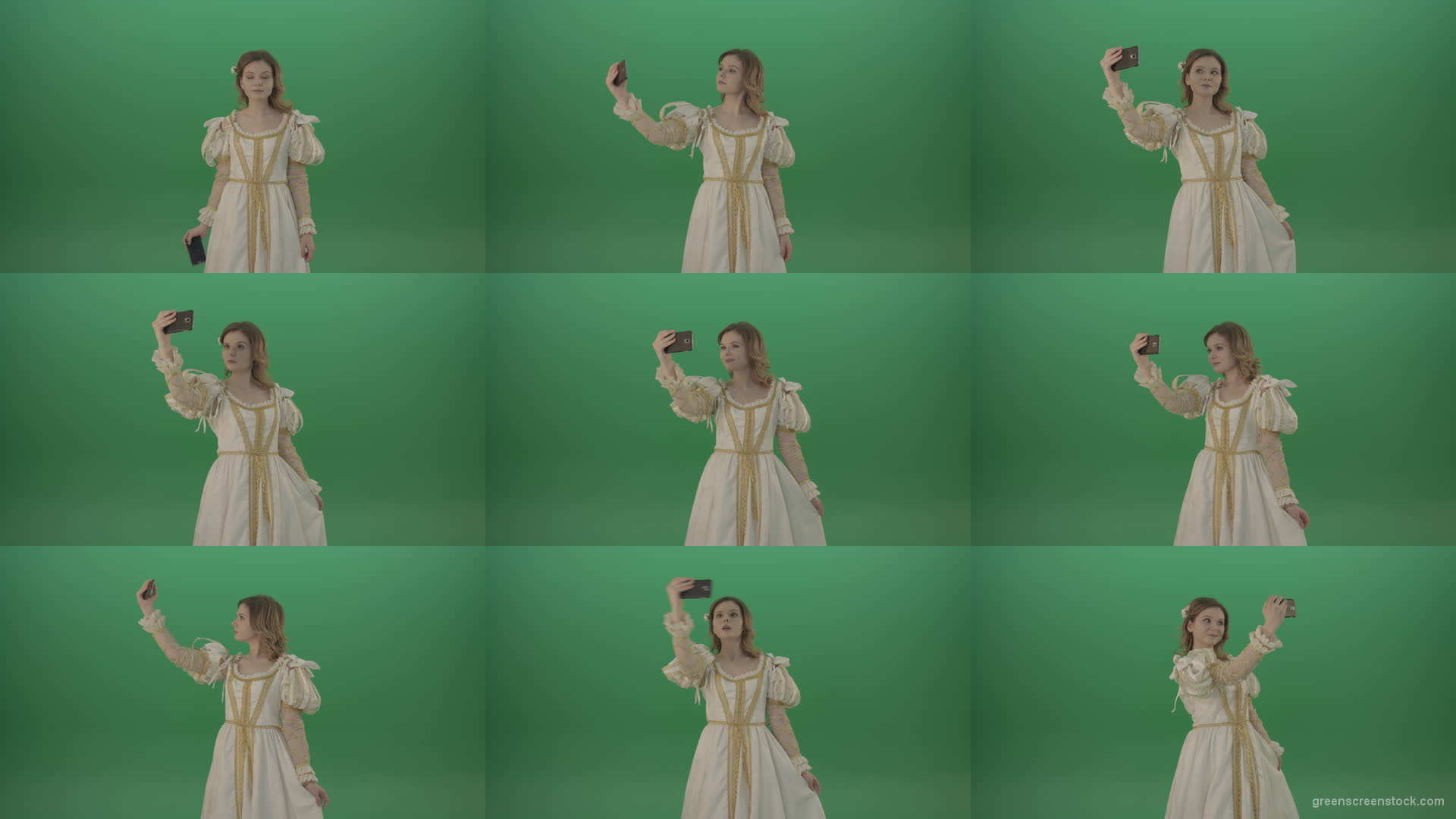 Princess-girl-dressed-in-a-light-suit-makes-a-sephi-on-a-modern-phone-isolated-on-chromakey-background Green Screen Stock