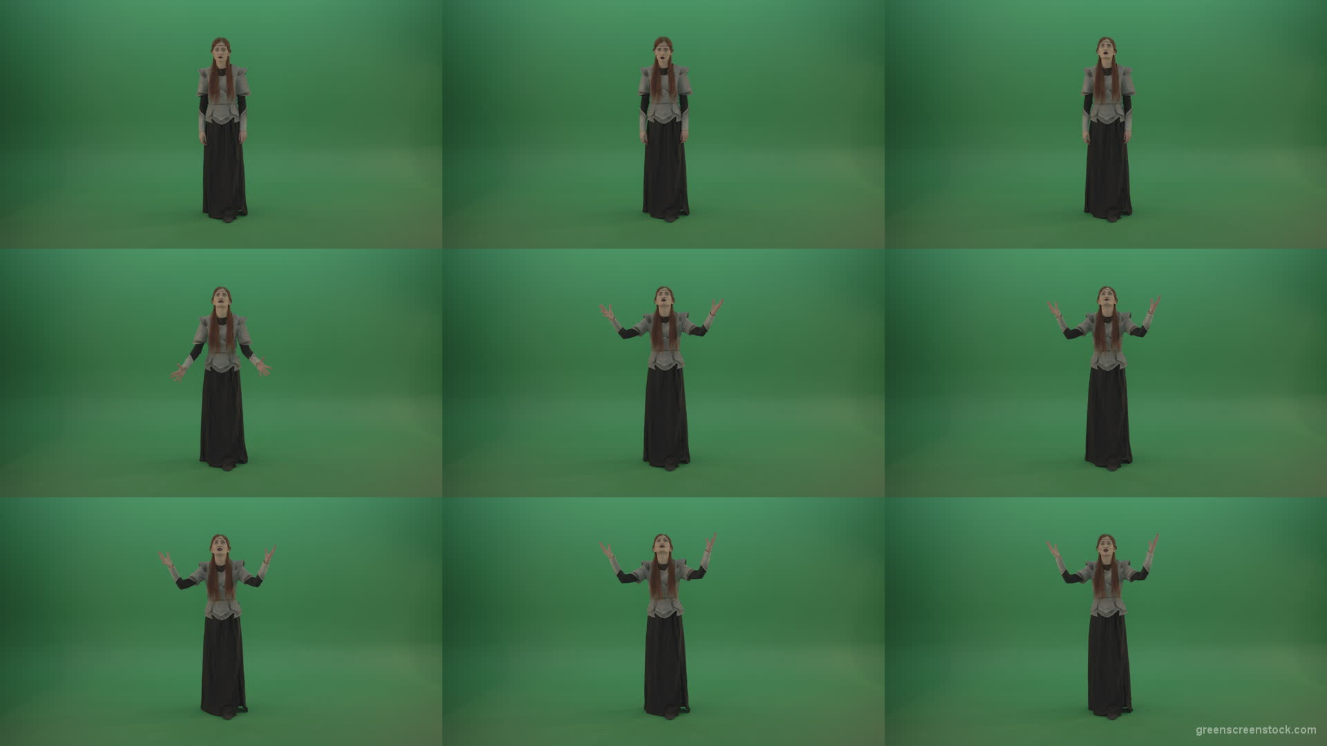 Redheaded-girl-in-full-height-in-medieval-warrior-clothing-asks-for-help-from-the-gods-on-green-screen Green Screen Stock
