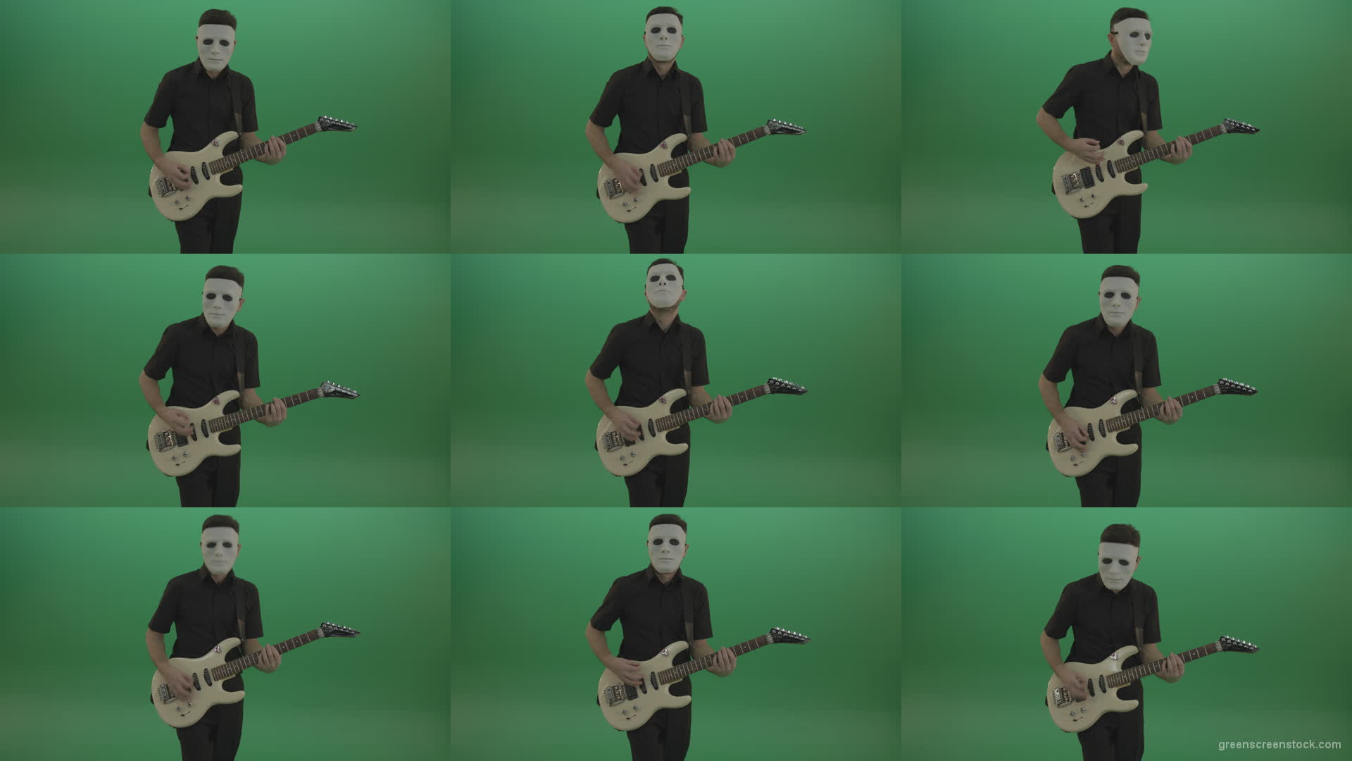 Rock-man-in-white-mask-and-black-wear-playing-guitar-isolated-on-green-screen-in-front-view Green Screen Stock