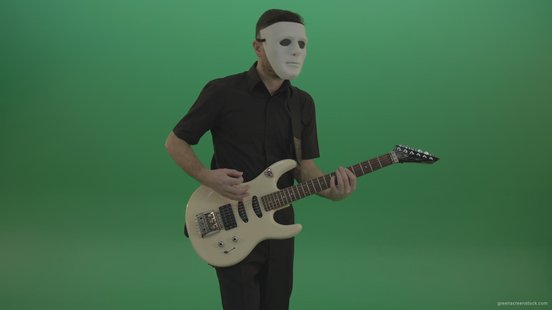 vj video background Rock-man-in-white-mask-and-black-wear-playing-guitar-isolated-on-green-screen-in-front-view_003