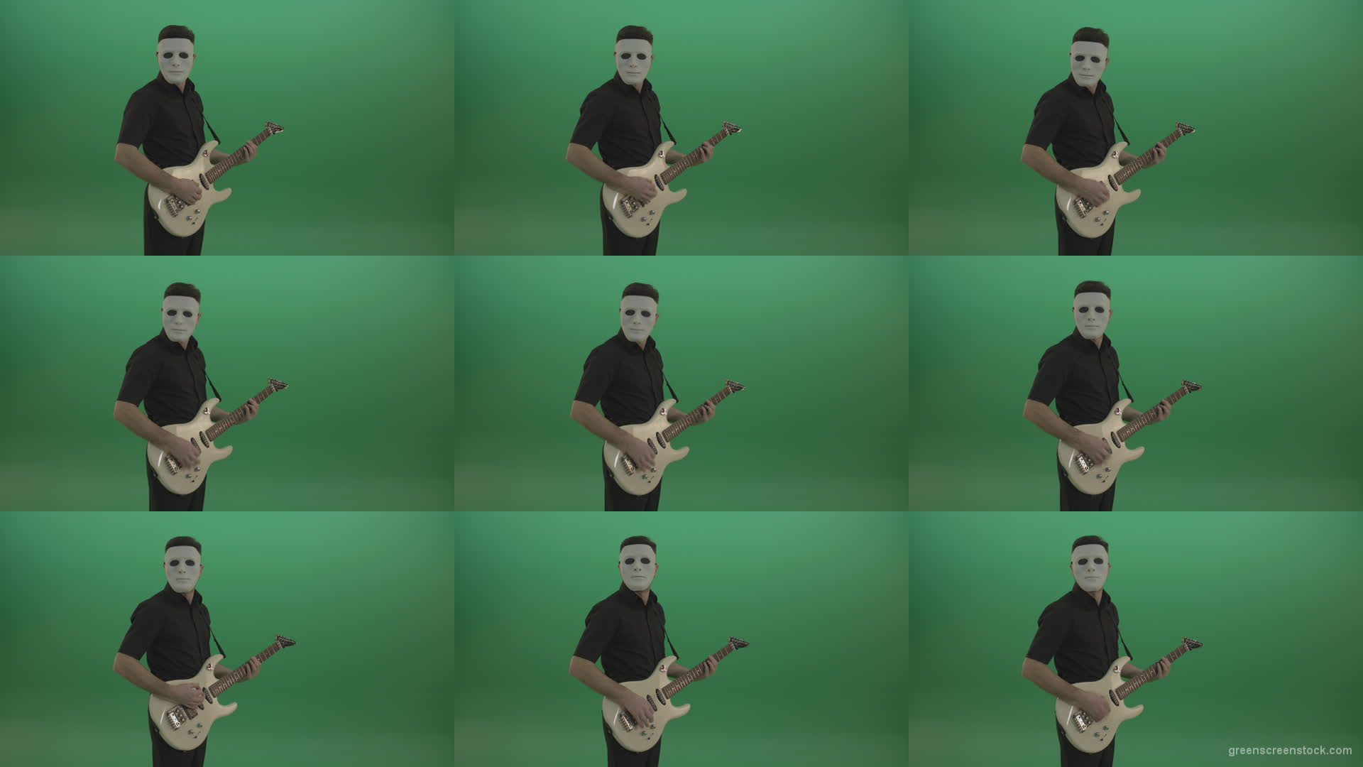 Rock-man-in-white-mask-and-black-wear-playing-guitar-isolated-on-green-screen-in-side-view Green Screen Stock