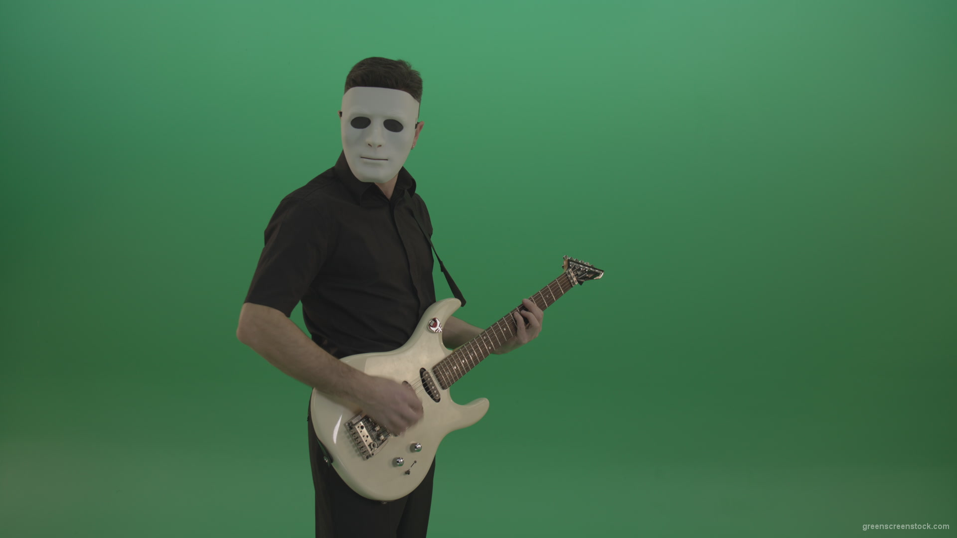 vj video background Rock-man-in-white-mask-and-black-wear-playing-guitar-isolated-on-green-screen-in-side-view_003