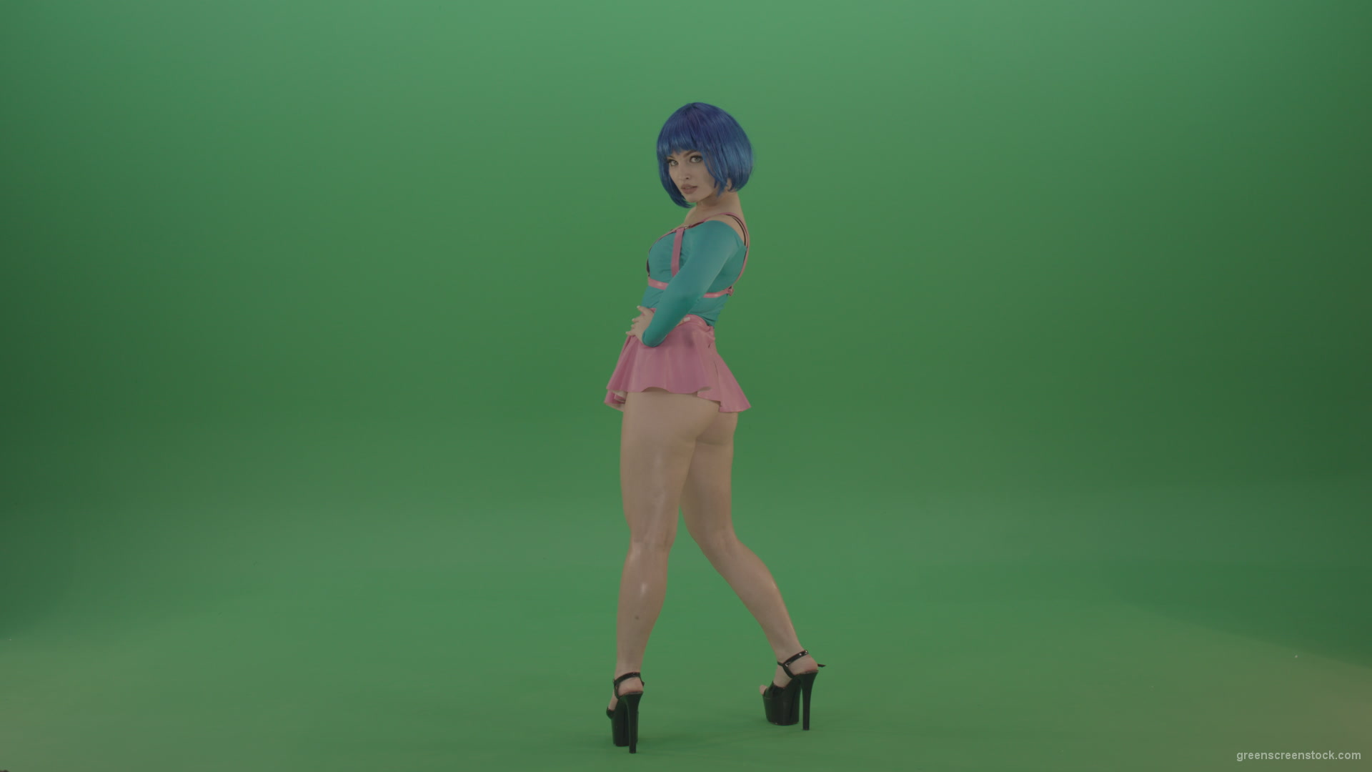 Sexy-erotic-girl-posing-with-blue-hair-on-green-screen_001 Green Screen Stock