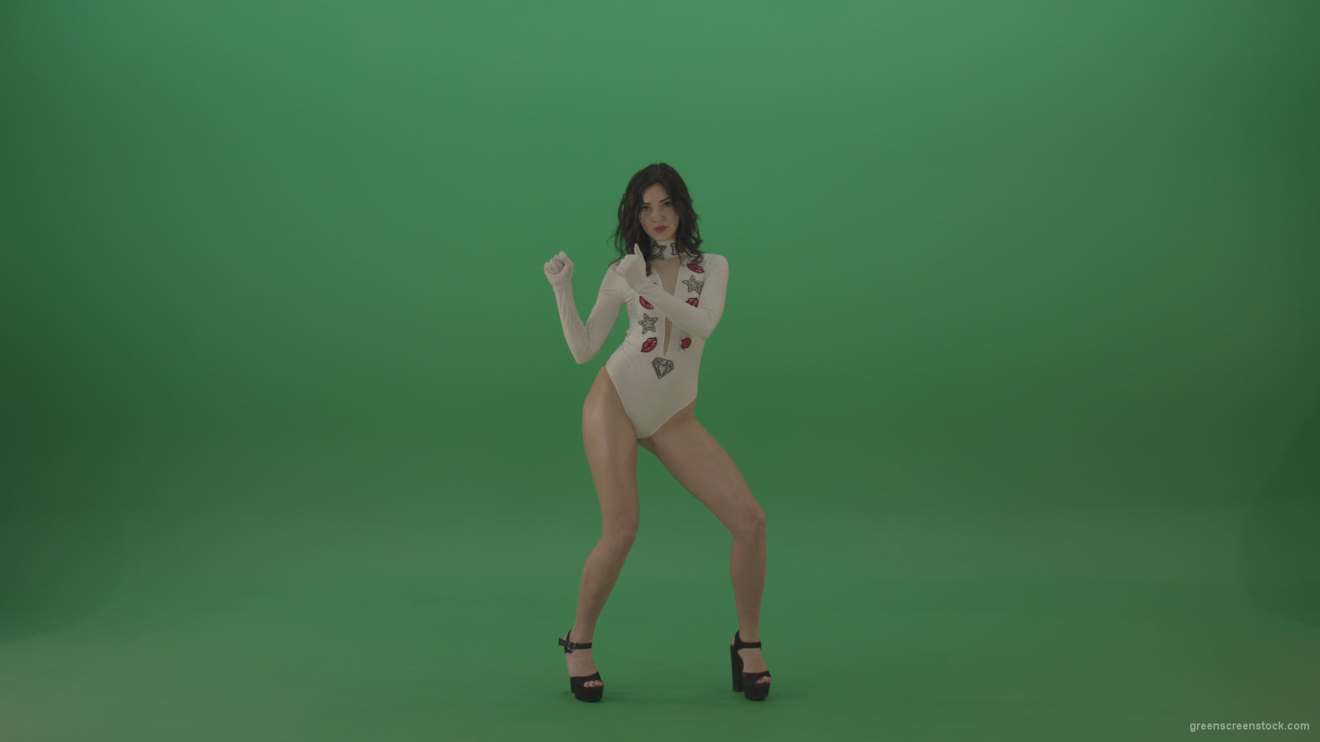 Sexy-woman-in-white-body-seductive-dance-on-green-background_001 Green Screen Stock