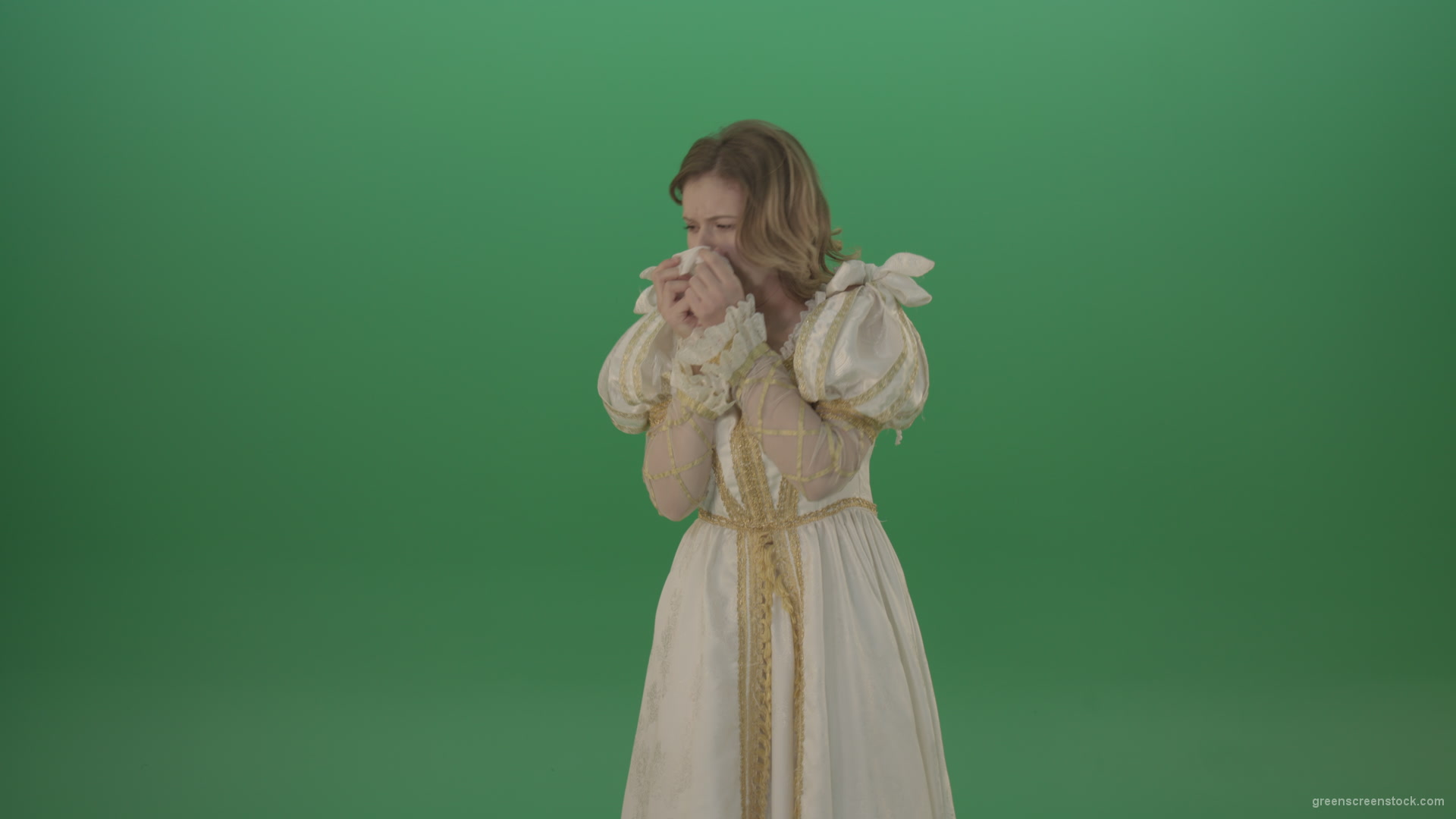 Sick-girl-coughs-and-shows-symptoms-of-the-disease-isolated-on-green-background_006 Green Screen Stock