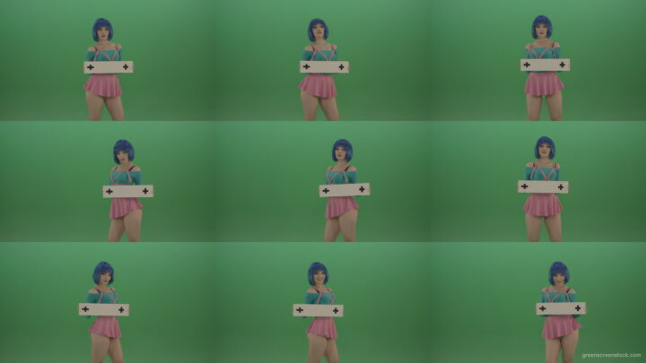 Smiling-futuristic-girl-posing-with-template-text-mockup-plane-isolated-on-green-screen Green Screen Stock