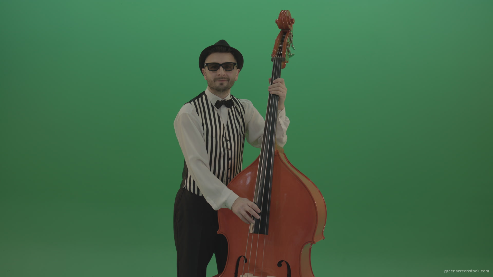 Virtuoso-man-playing-jazz-on-double-bass-String-music-instrument-isolated-on-green-screen_001 Green Screen Stock