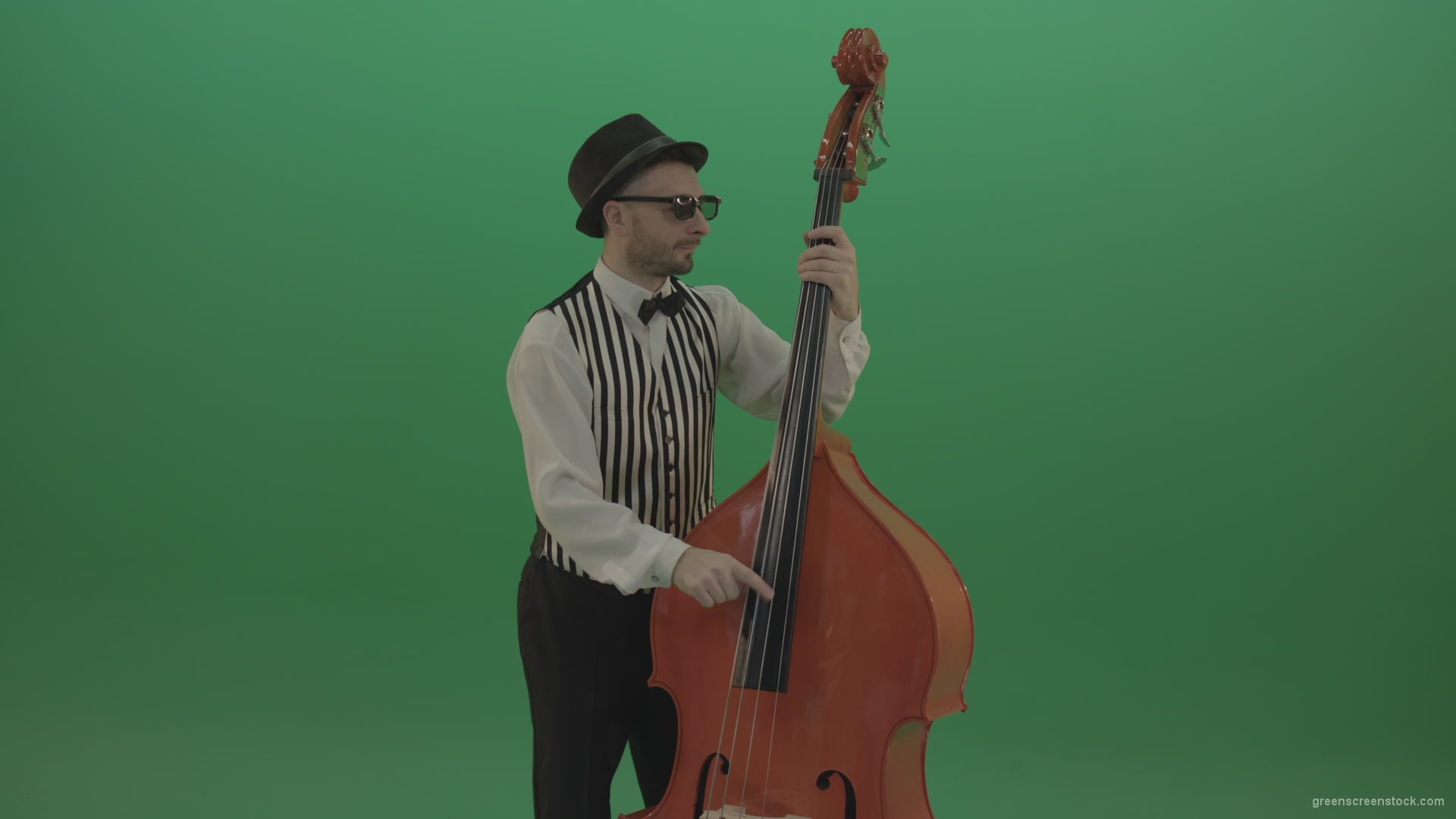 Virtuoso-man-playing-jazz-on-double-bass-String-music-instrument-isolated-on-green-screen_005 Green Screen Stock