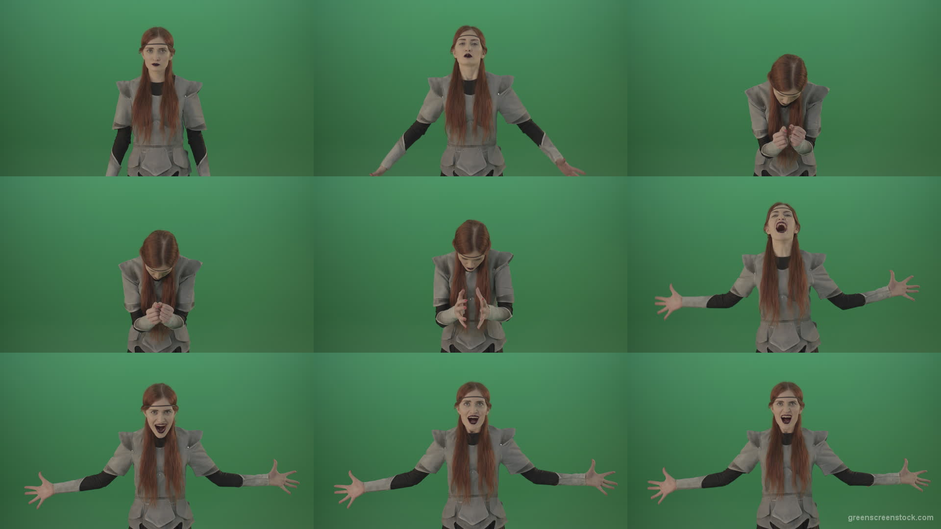 Witch-draws-the-power-of-the-whole-world-releases-it-from-the-outside-and-shouts-ominously-magic-on-a-green-background. Green Screen Stock