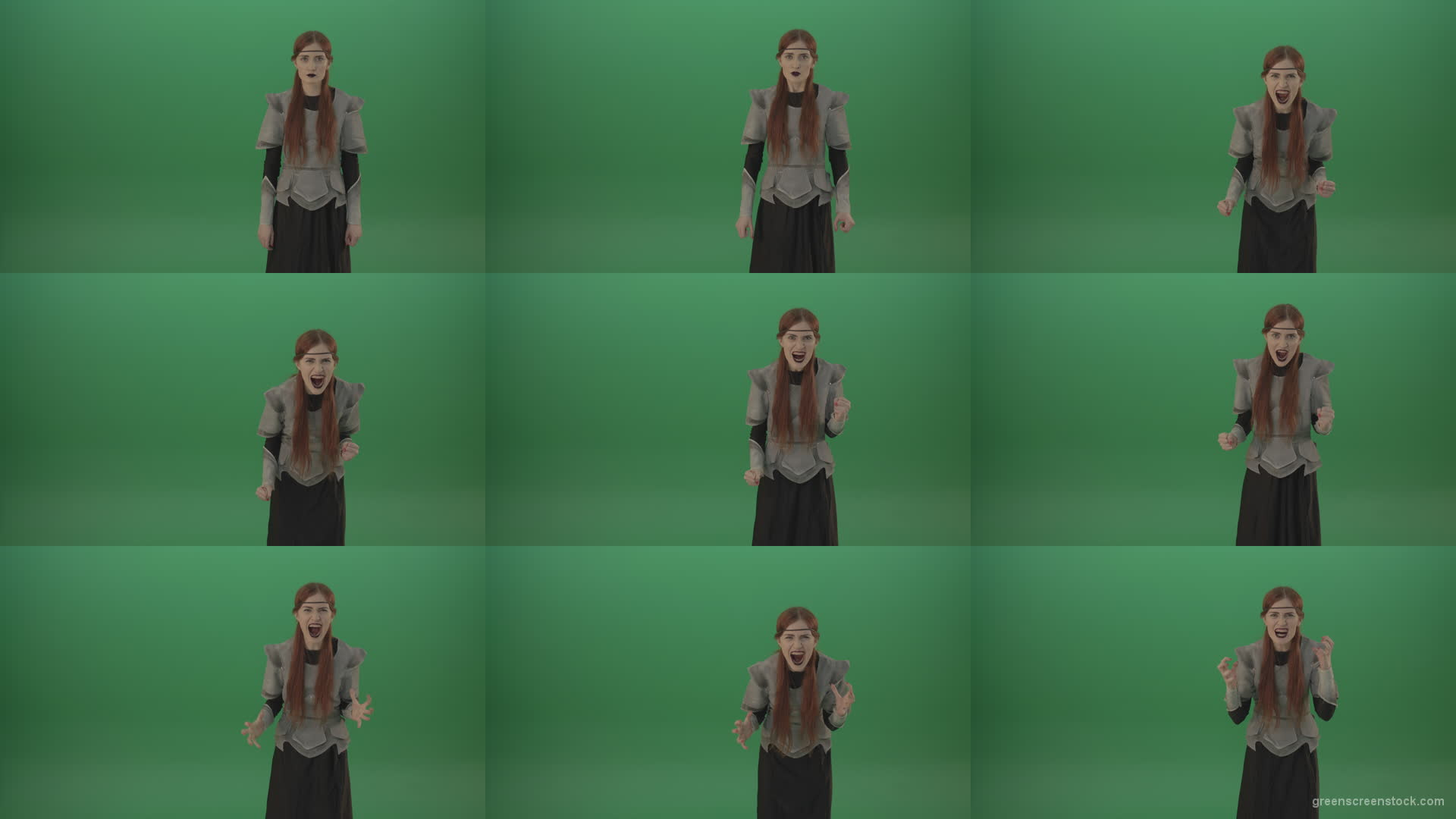 Witch-girl-watched-and-screamed-at-the-camera-with-green-eyes-on-a-green-background Green Screen Stock
