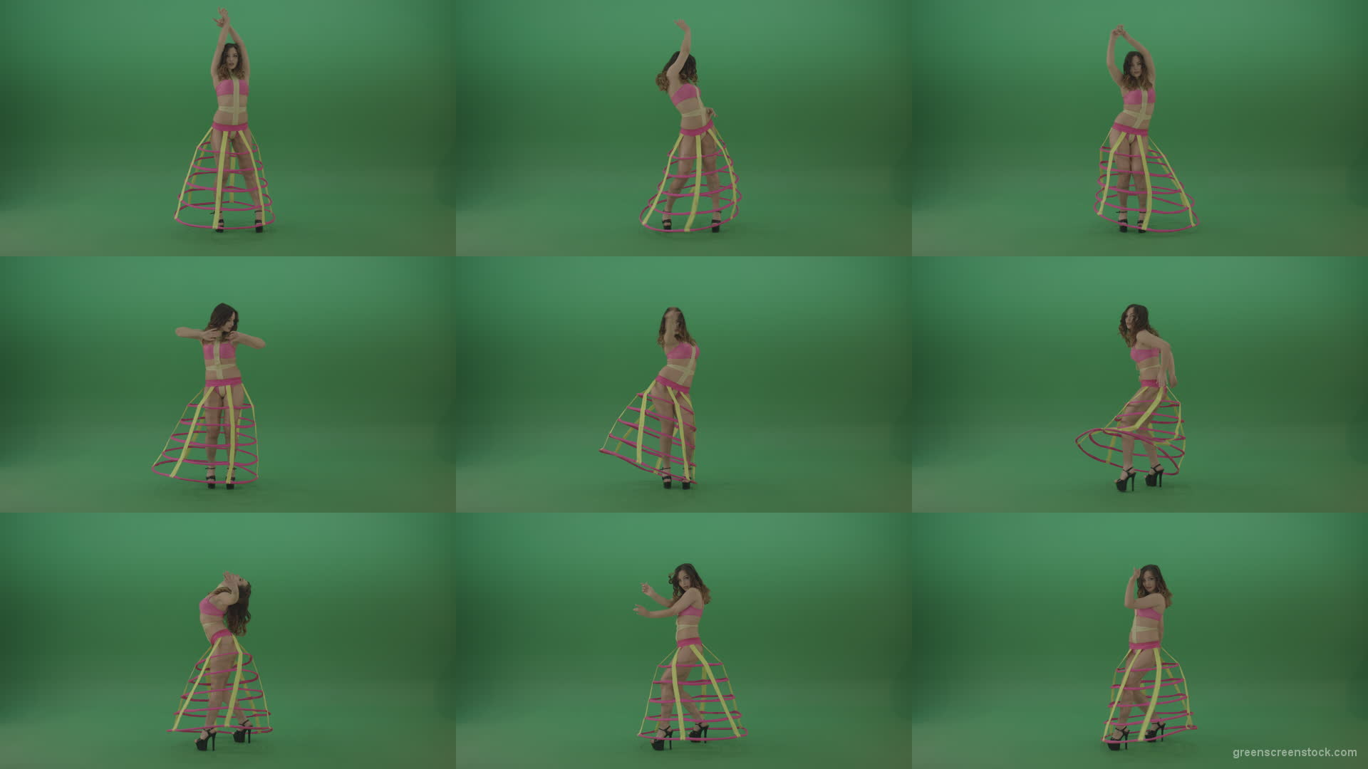 With-a-beautiful-appearance-brunette-in-an-extraordinary-costume-dancing-on-green-screen Green Screen Stock