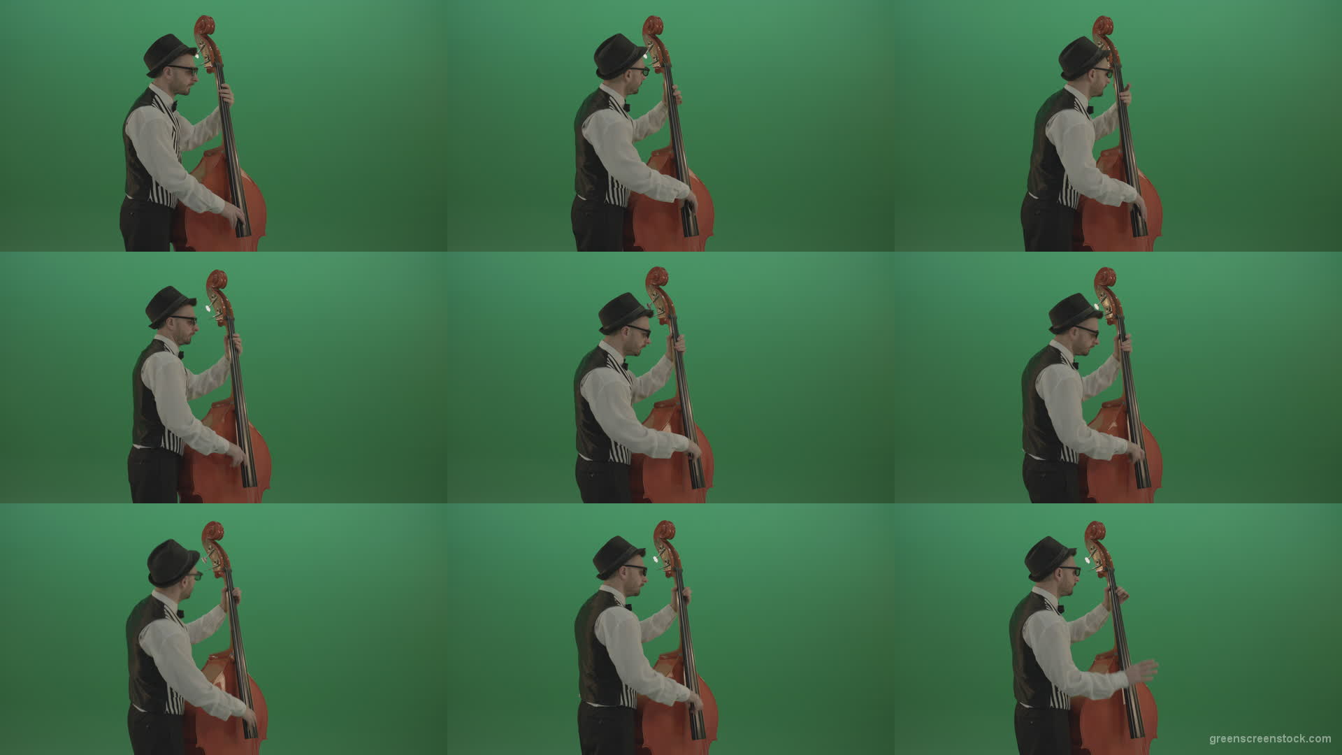 Young-Man-play-jazz-on-double-bass-String-music-instrument-isolated-on-green-screen-in-back-side-view Green Screen Stock