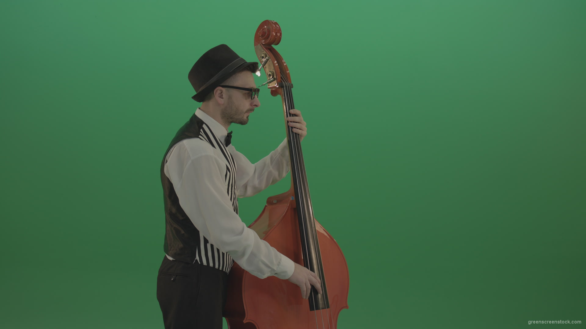 Young-Man-play-jazz-on-double-bass-String-music-instrument-isolated-on-green-screen-in-back-side-view_001 Green Screen Stock