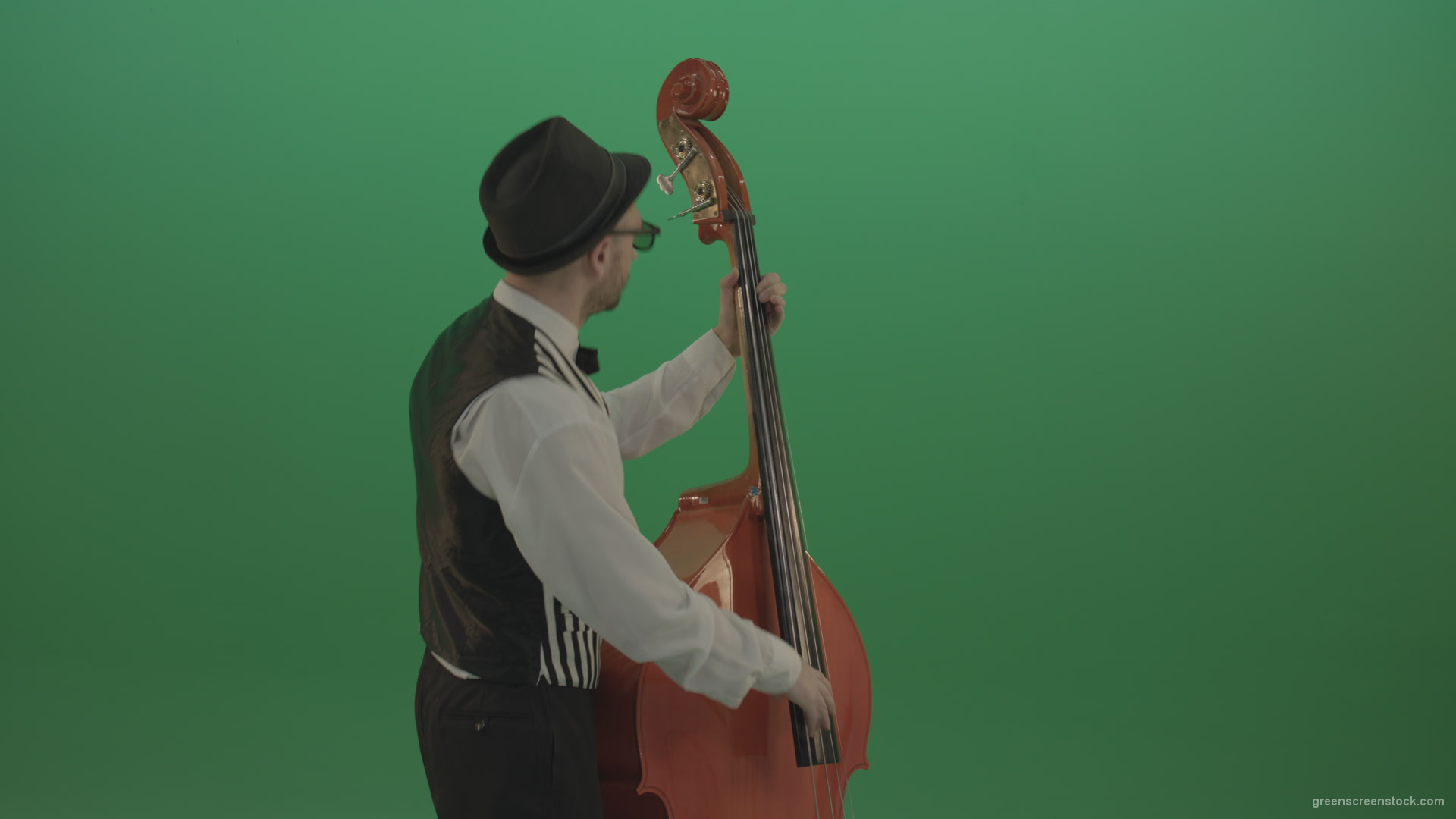 Young-Man-play-jazz-on-double-bass-String-music-instrument-isolated-on-green-screen-in-back-side-view_007 Green Screen Stock