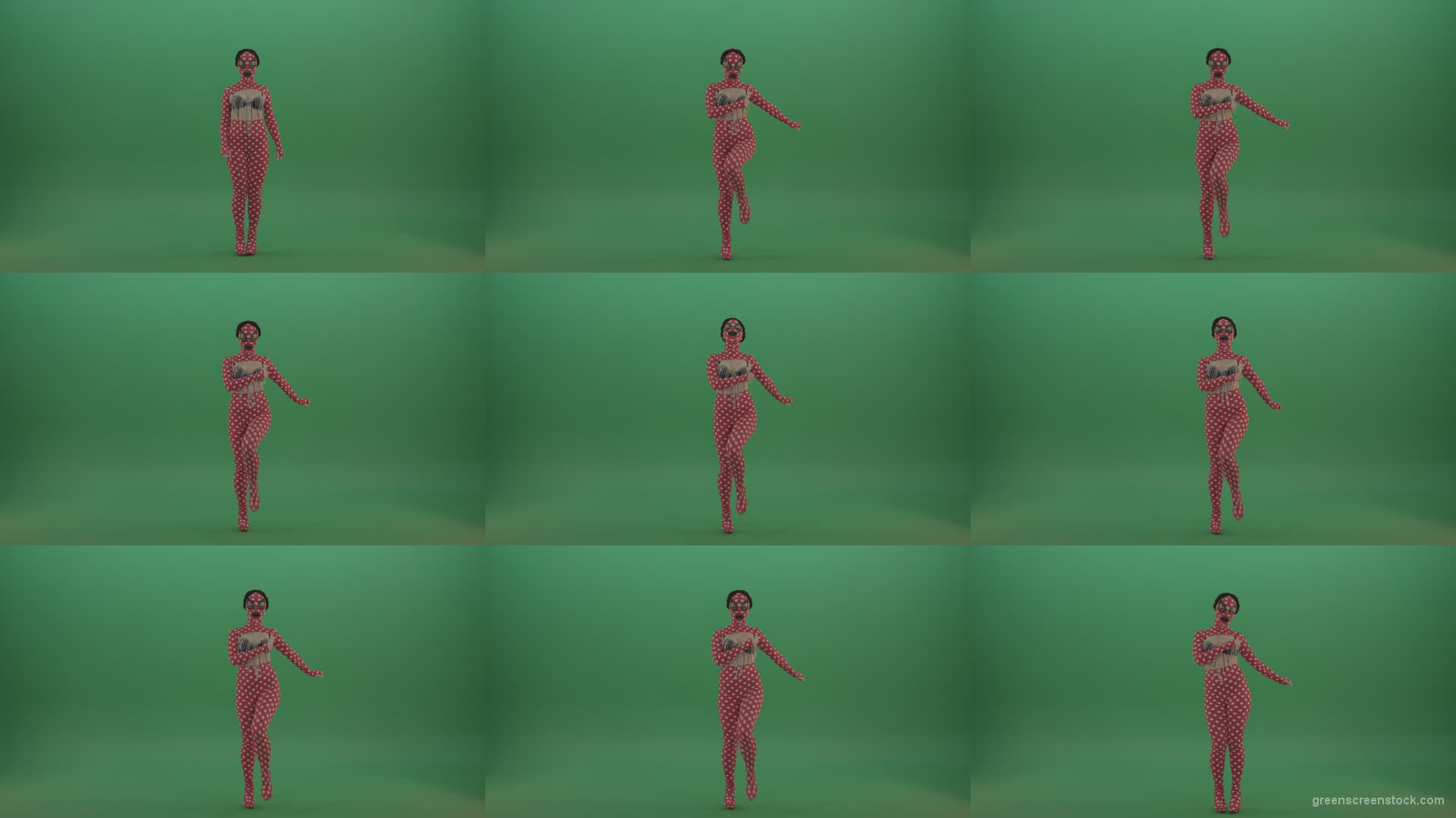 Beauty-red-dress-girl-march-in-front-view-isolated-on-green-screen Green Screen Stock