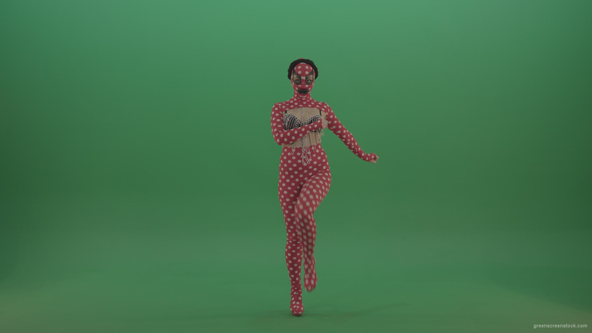 Beauty-red-dress-girl-march-in-front-view-isolated-on-green-screen_004 Green Screen Stock