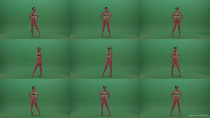 Girl-in-red-strip-dance-costume-in-front-view-posing-isolated-on-green-screen Green Screen Stock