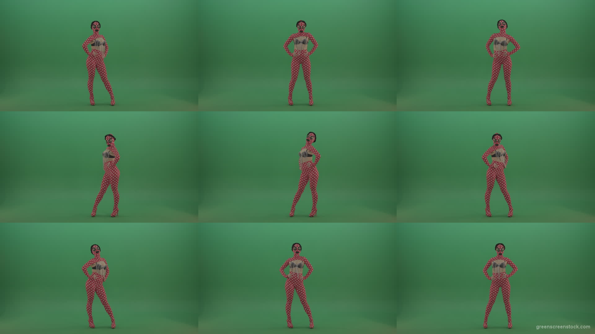 Girl-in-red-strip-dance-costume-in-front-view-posing-isolated-on-green-screen Green Screen Stock