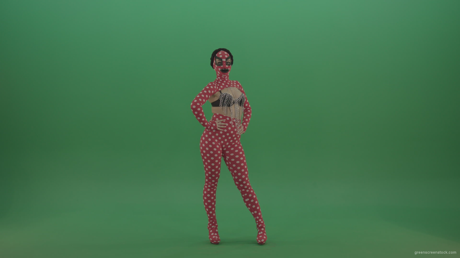 Girl-in-red-strip-dance-costume-in-front-view-posing-isolated-on-green-screen_001 Green Screen Stock