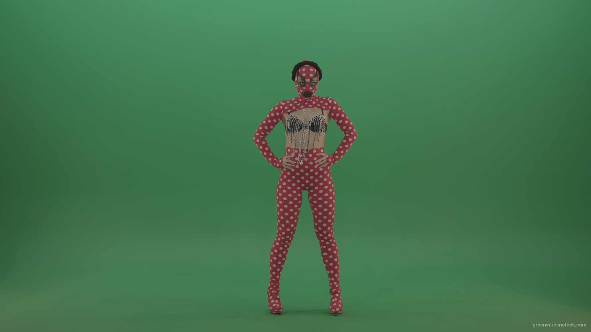 Girl-in-red-strip-dance-costume-in-front-view-posing-isolated-on-green-screen_002 Green Screen Stock