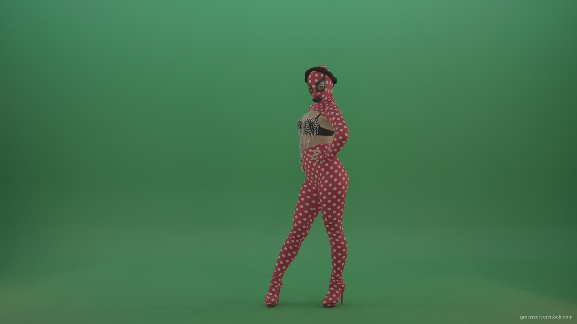 Girl-in-red-strip-dance-costume-in-front-view-posing-isolated-on-green-screen_004 Green Screen Stock