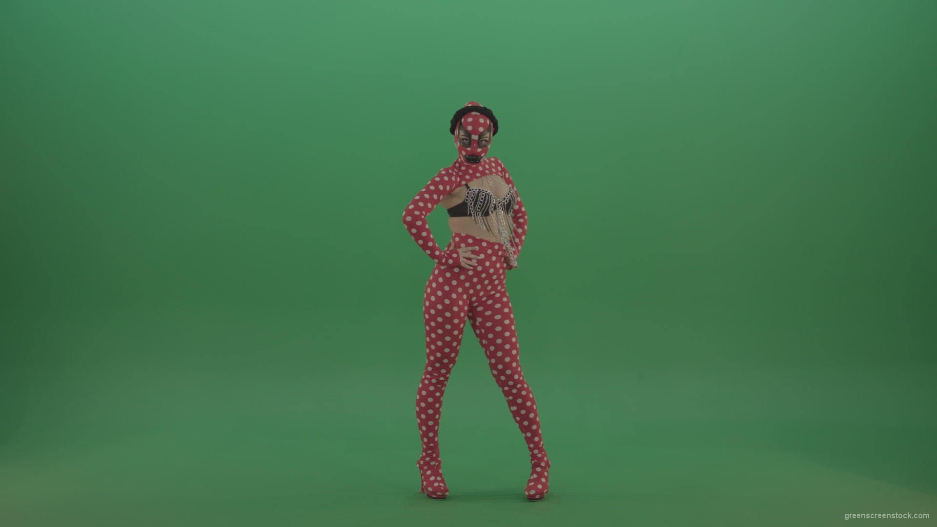 Girl-in-red-strip-dance-costume-in-front-view-posing-isolated-on-green-screen_006 Green Screen Stock
