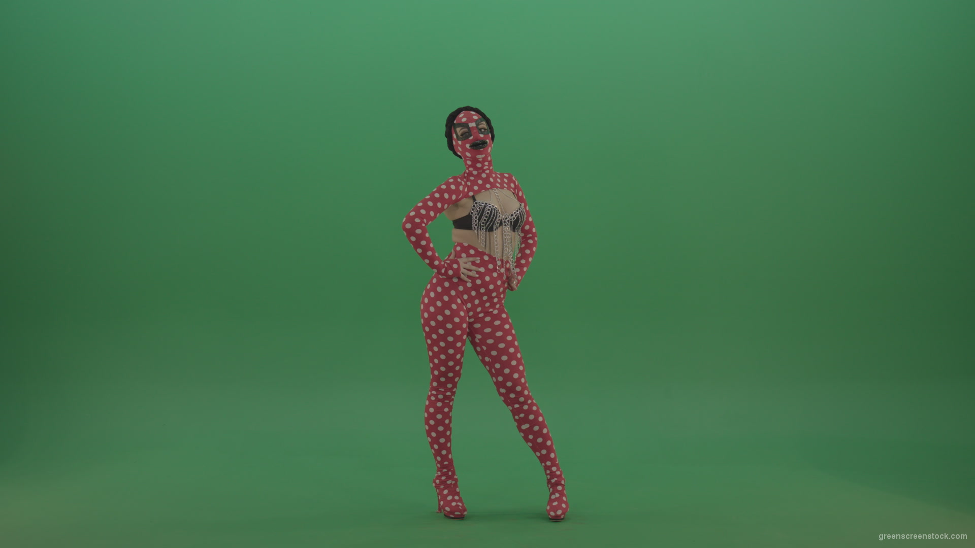 Girl-in-red-strip-dance-costume-in-front-view-posing-isolated-on-green-screen_007 Green Screen Stock