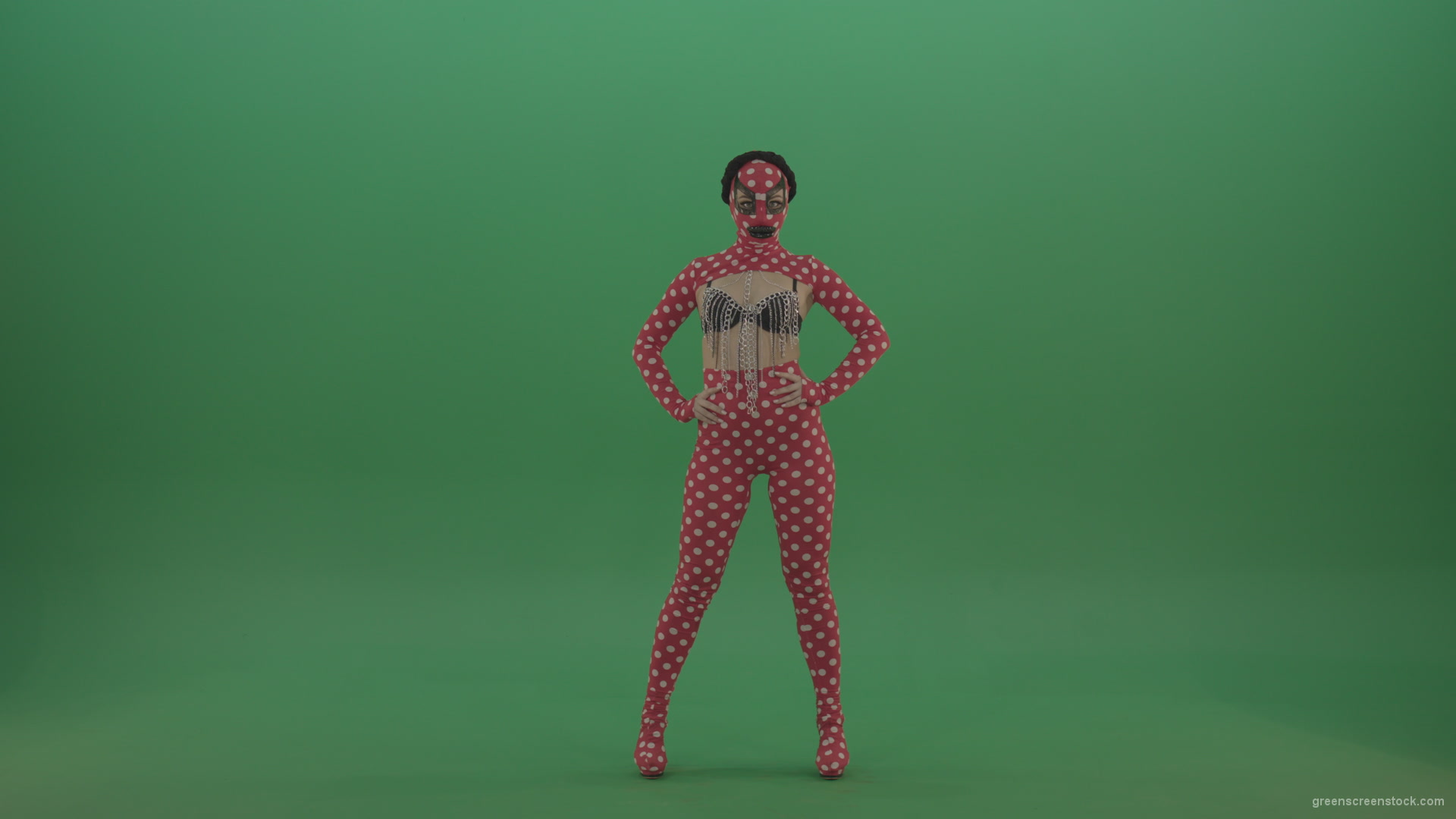 Girl-in-red-strip-dance-costume-in-front-view-posing-isolated-on-green-screen_009 Green Screen Stock
