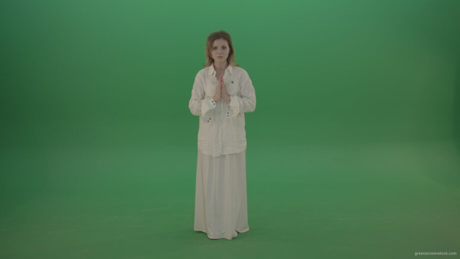 vj video background Girl-wearing-a-white-suit-pray-to-god-isolated-on-green-background_003
