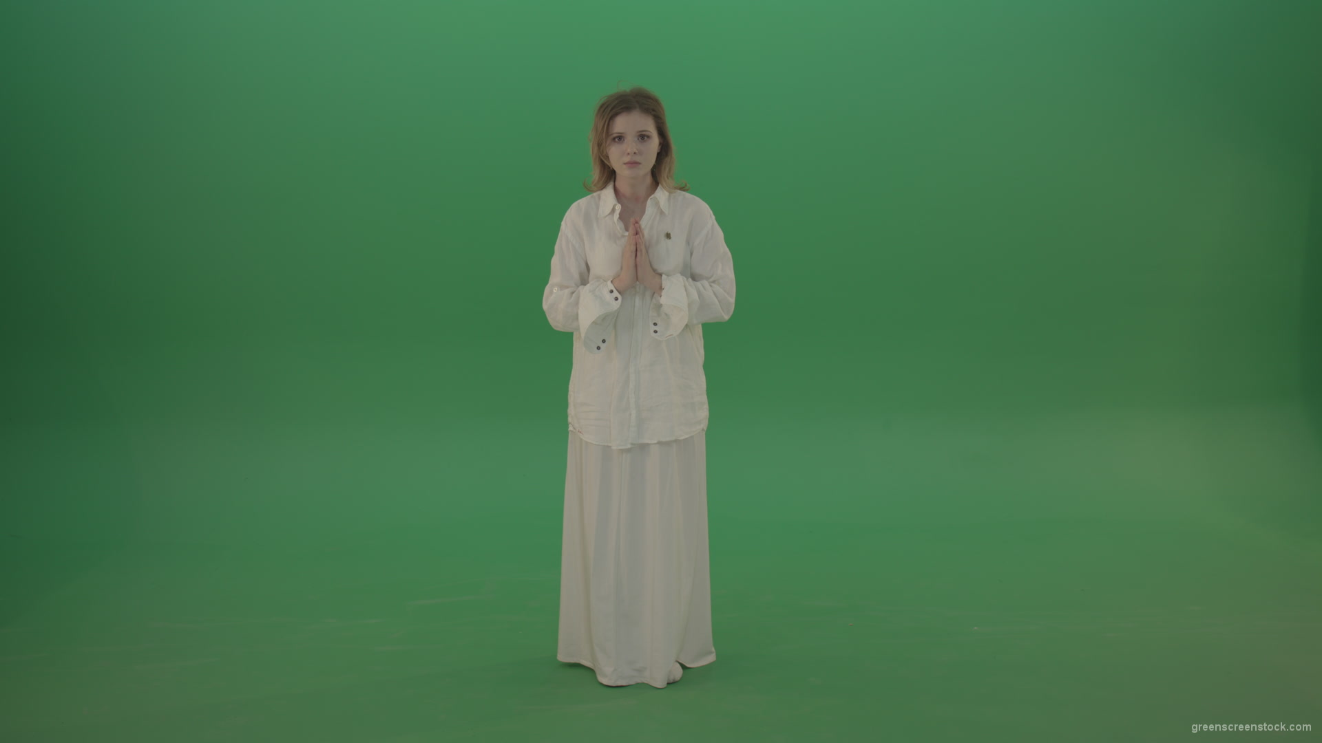 vj video background Girl-wearing-a-white-suit-pray-to-god-isolated-on-green-background_003
