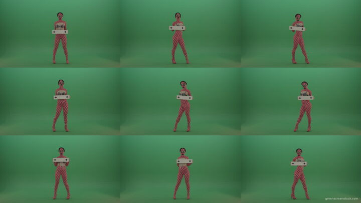 Sexy-adult-girl-in-fetish-red-costume-posing-with-text-plane-mockup-for-advertising-on-green-screen Green Screen Stock