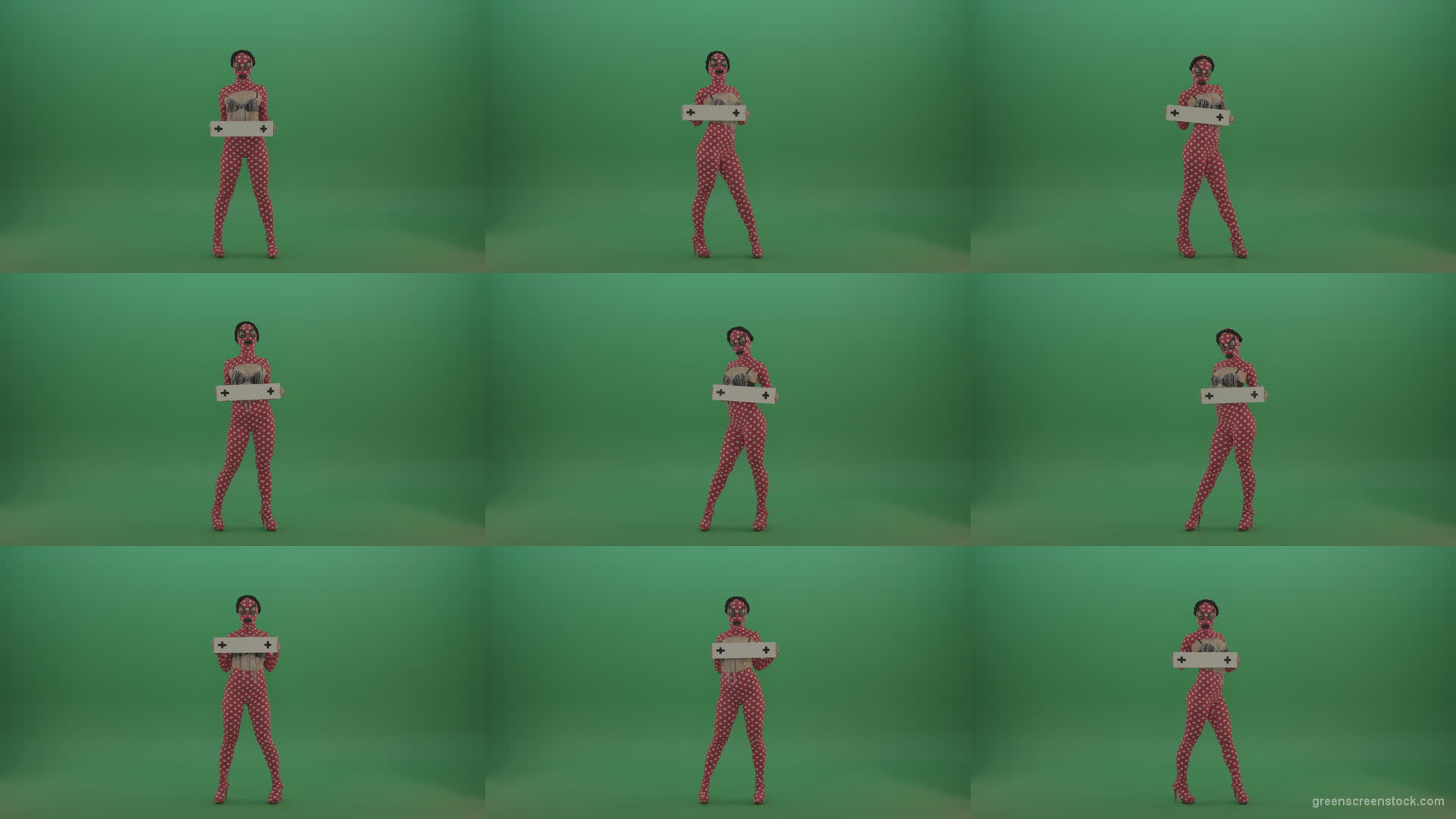 Sexy-adult-girl-in-fetish-red-costume-posing-with-text-plane-mockup-for-advertising-on-green-screen Green Screen Stock