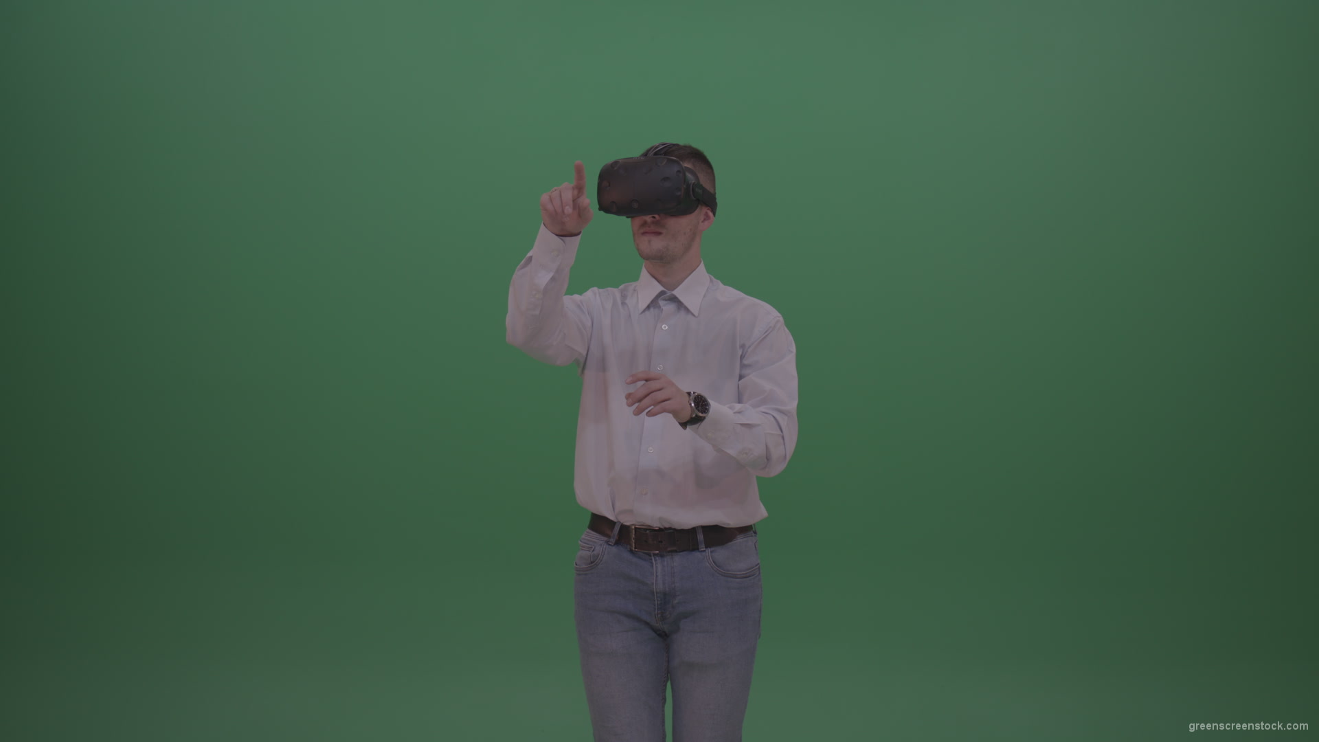 Young_Handsome_Man_With_Black_Hair_Wearing_White_Shirt_Using_Virtual_Glasses_Clicking_Touch_Pad_On_Green_Screen_Background_Wall_002 Green Screen Stock