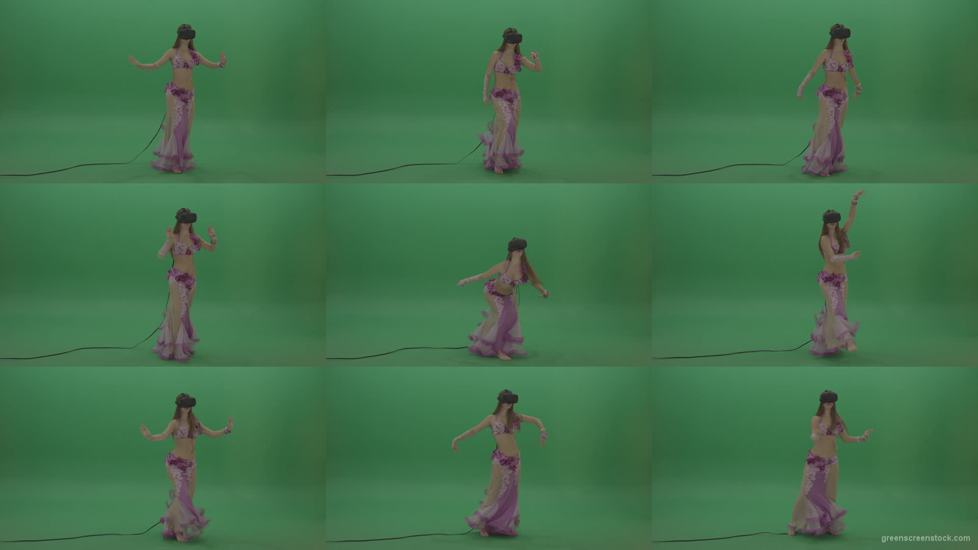 Beautiful-belly-dancer-in-purple-wear-and-VR-headset-dances-over-green-screen-background-1920 Green Screen Stock