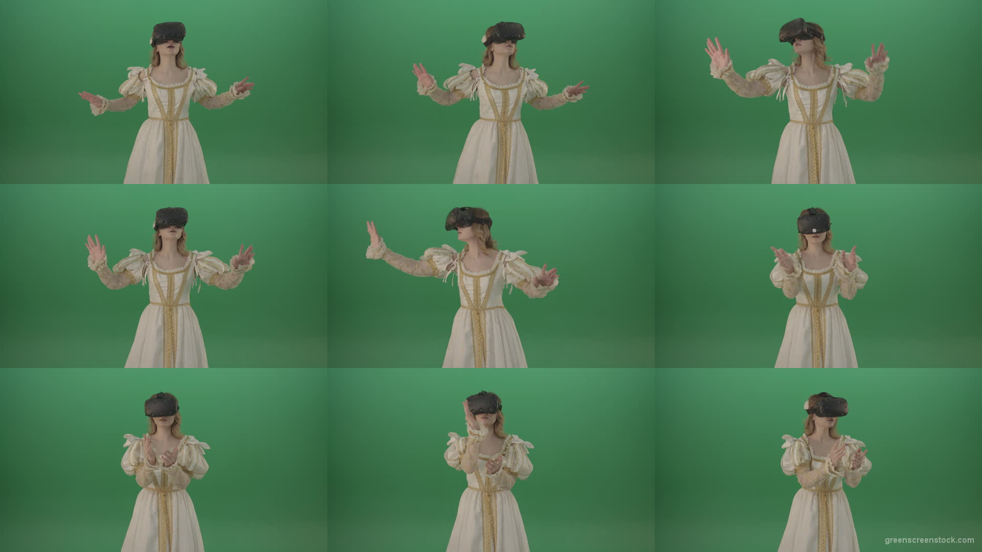 Girl-in-3-in-virtual-reality-has-swallowed-up-in-another-three-dimensional-world-isolated-on-green-screen-1920 Green Screen Stock