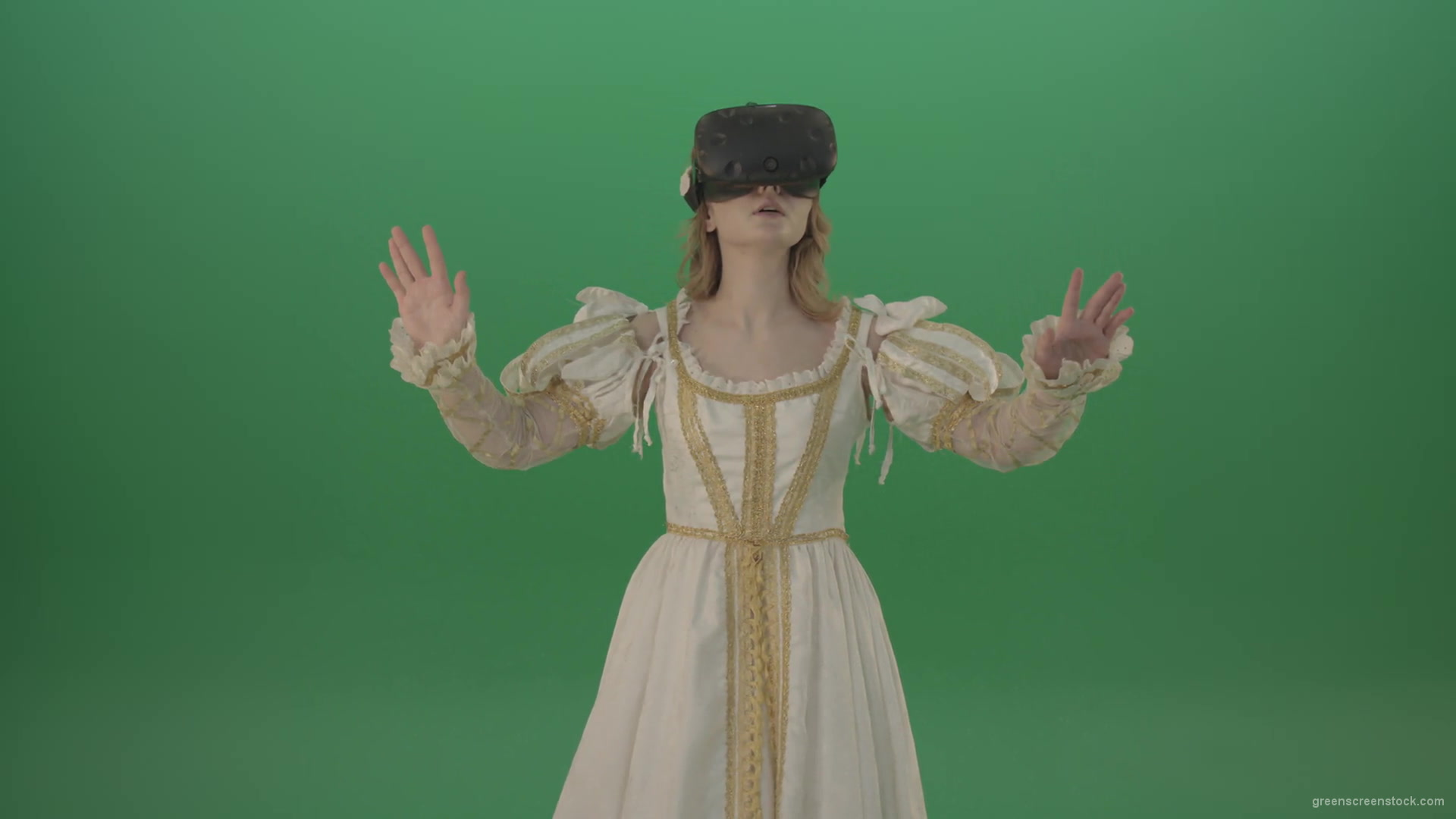 Girl-in-3-in-virtual-reality-has-swallowed-up-in-another-three-dimensional-world-isolated-on-green-screen-1920_004 Green Screen Stock