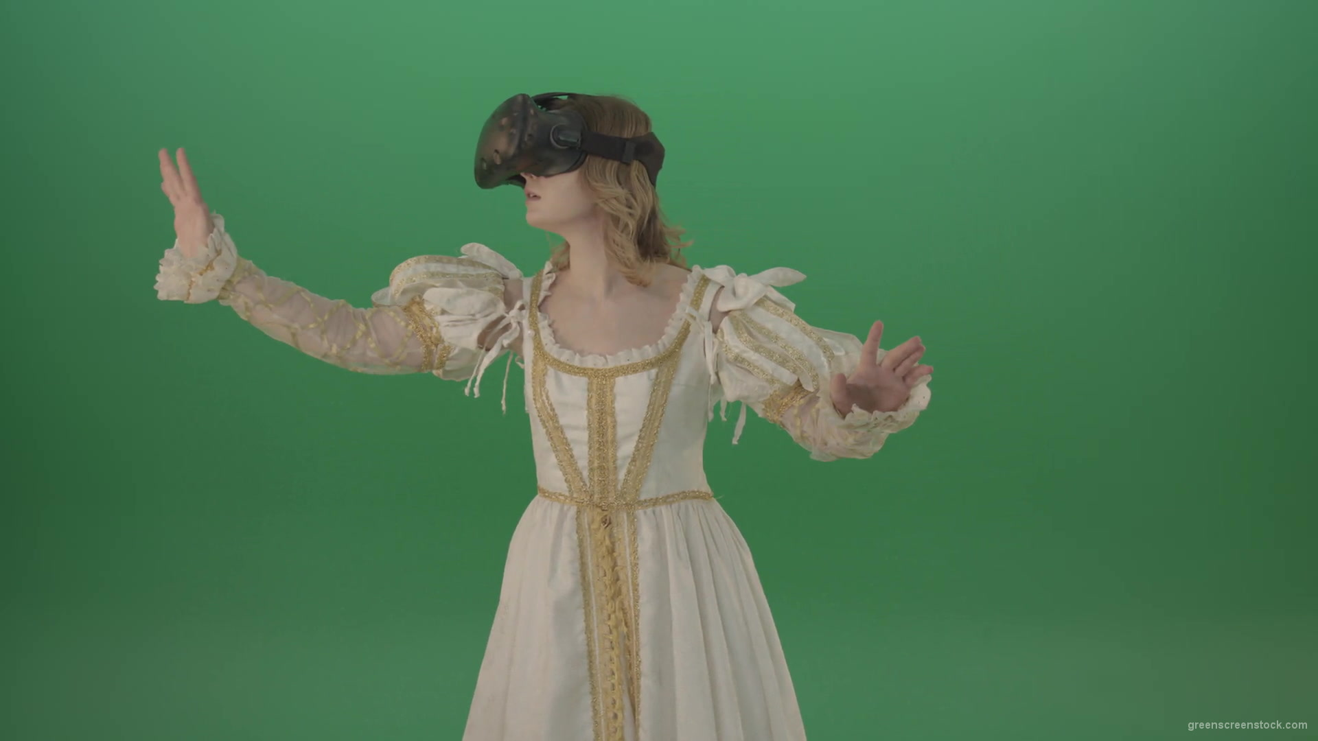 Girl-in-3-in-virtual-reality-has-swallowed-up-in-another-three-dimensional-world-isolated-on-green-screen-1920_005 Green Screen Stock