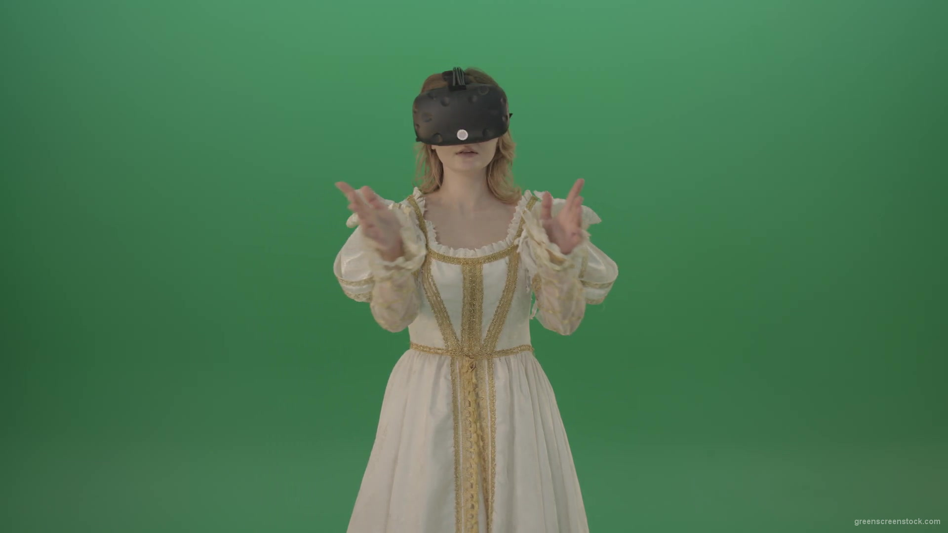Girl-in-3-in-virtual-reality-has-swallowed-up-in-another-three-dimensional-world-isolated-on-green-screen-1920_006 Green Screen Stock