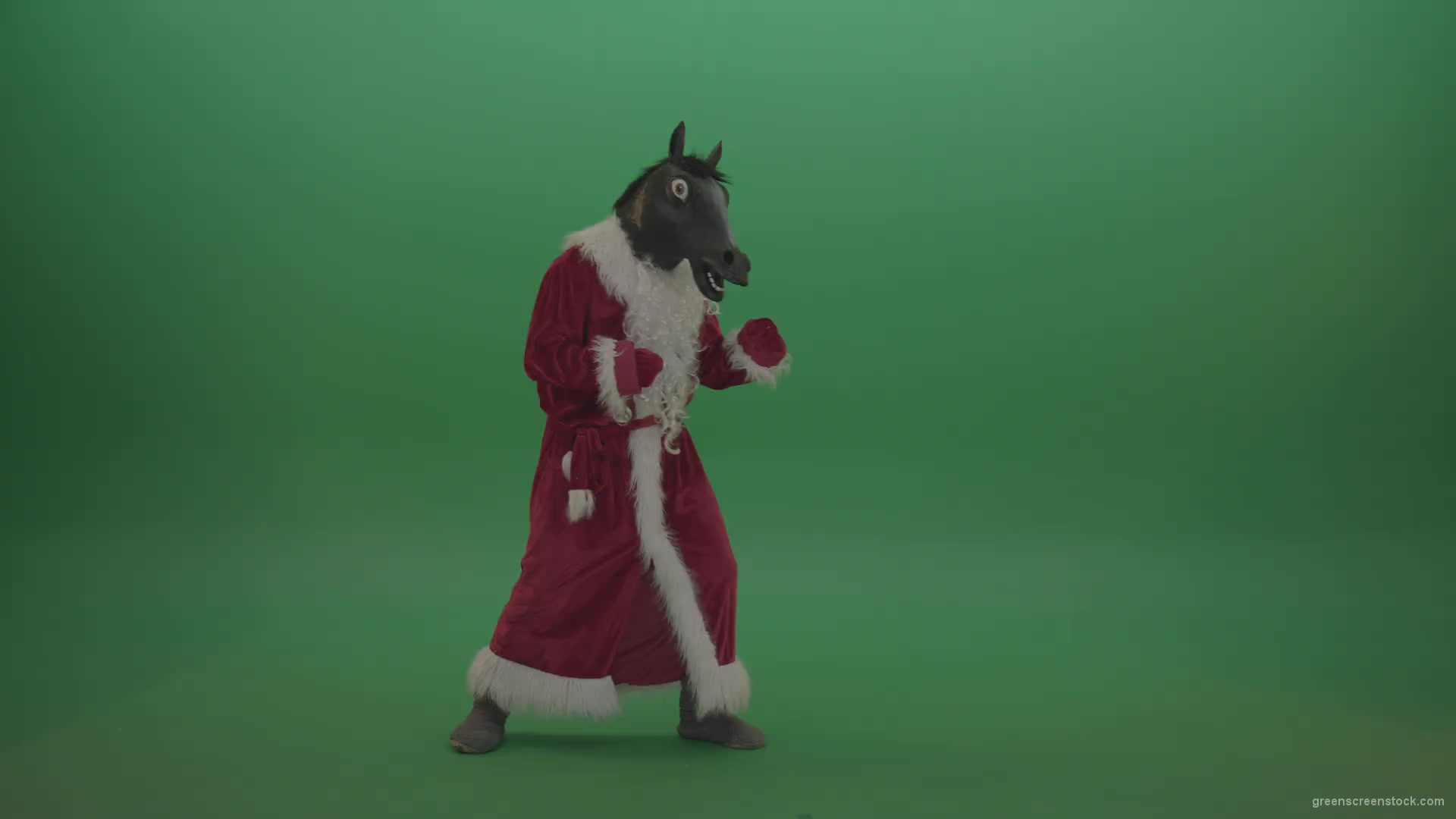 Horse-head-santa-displays-his-fight-techniques-over-chromakey-background-1920_001 Green Screen Stock