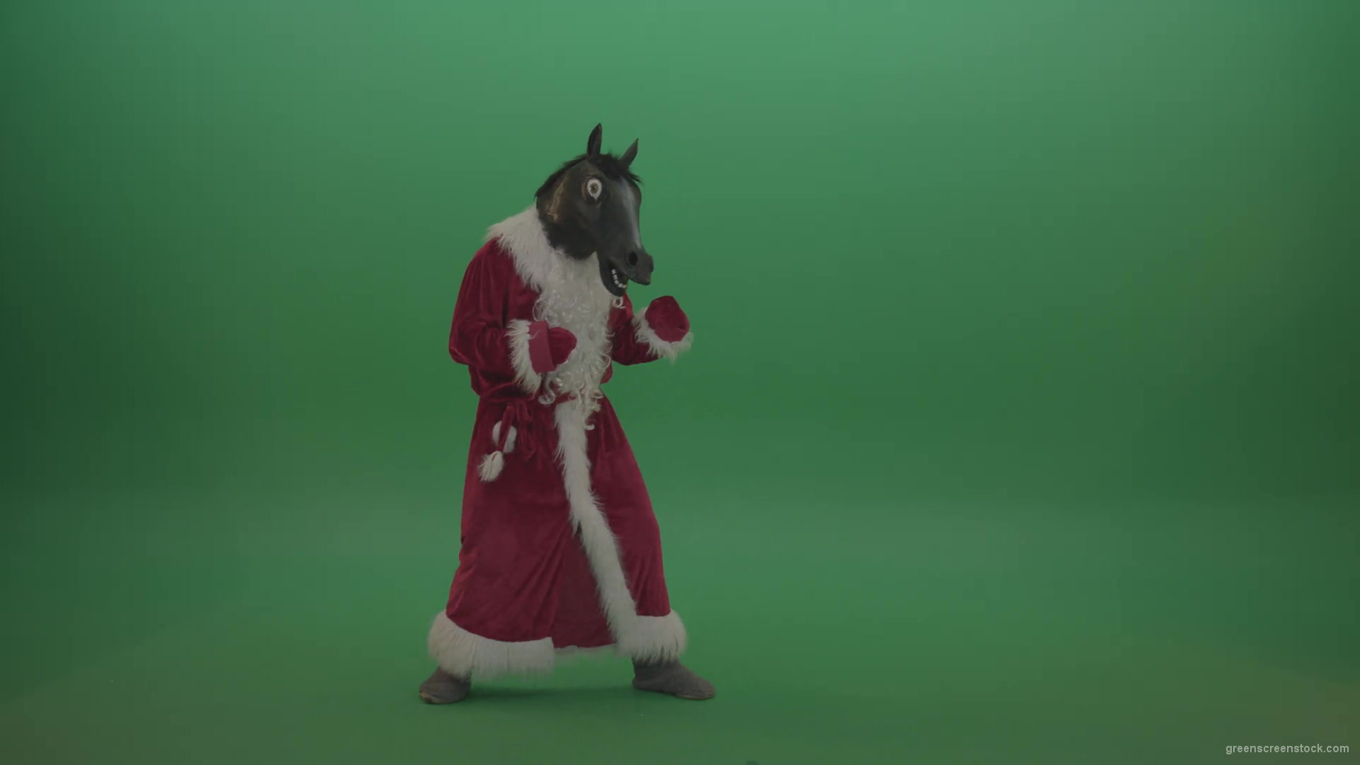 Horse-head-santa-displays-his-fight-techniques-over-chromakey-background-1920_002 Green Screen Stock