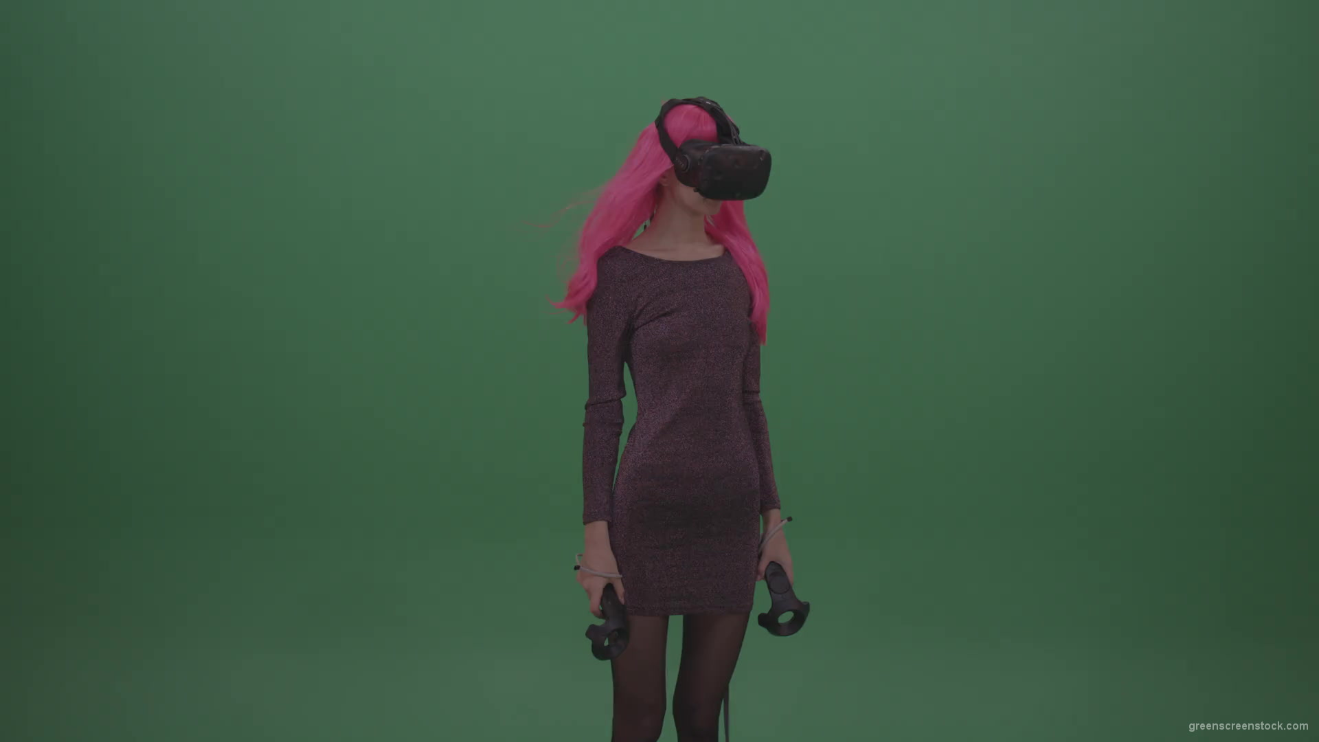 Pink_Hair_Young_Japanese_Anime_Rock_Girl_Shooting_Enemies_In_Virtual_Reality_Game_Heavy_Wind_Weather_Green_Screen_Wall_Background-1920_001 Green Screen Stock