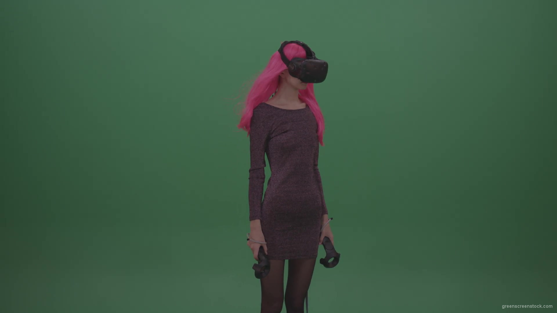 Pink_Hair_Young_Japanese_Anime_Rock_Girl_Shooting_Enemies_In_Virtual_Reality_Game_Heavy_Wind_Weather_Green_Screen_Wall_Background-1920_002 Green Screen Stock