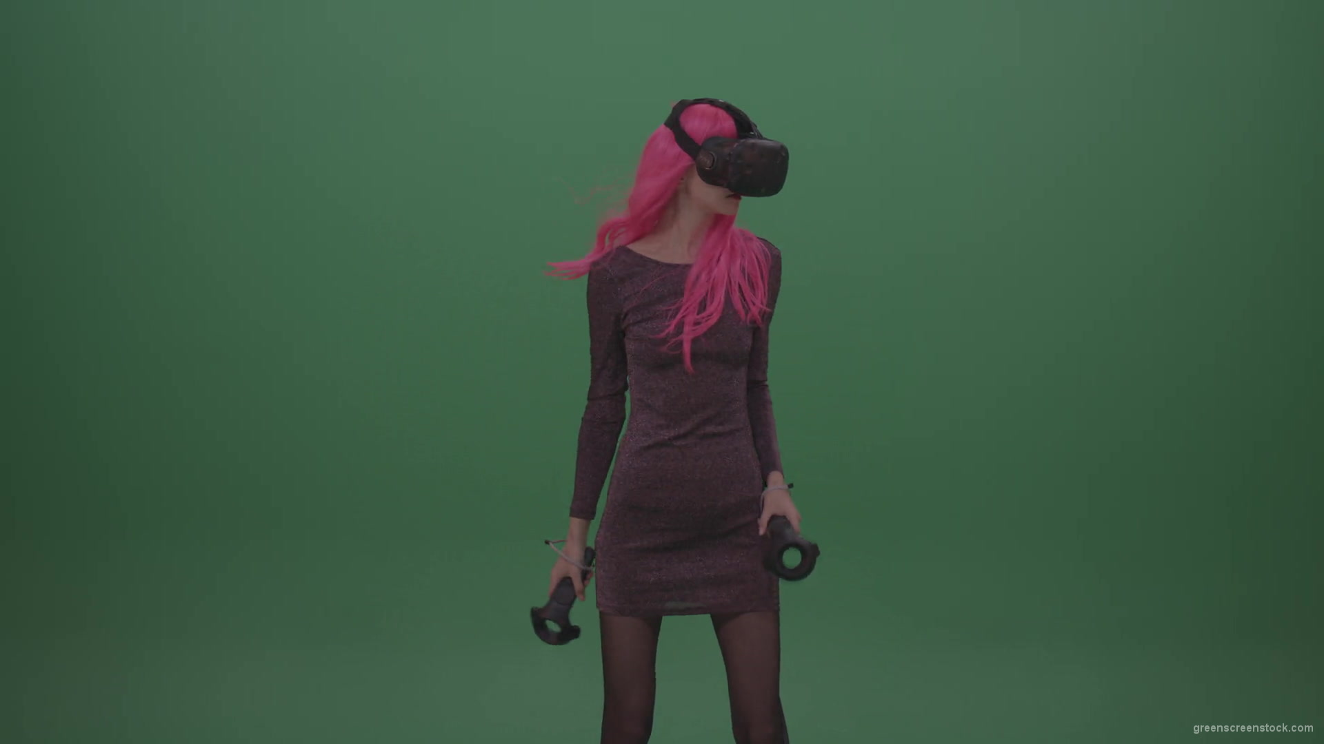 Pink_Hair_Young_Japanese_Anime_Rock_Girl_Shooting_Enemies_In_Virtual_Reality_Game_Heavy_Wind_Weather_Green_Screen_Wall_Background-1920_005 Green Screen Stock