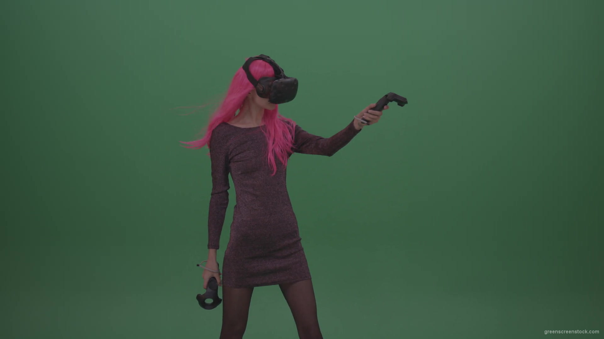 Pink_Hair_Young_Japanese_Anime_Rock_Girl_Shooting_Enemies_In_Virtual_Reality_Game_Heavy_Wind_Weather_Green_Screen_Wall_Background-1920_006 Green Screen Stock