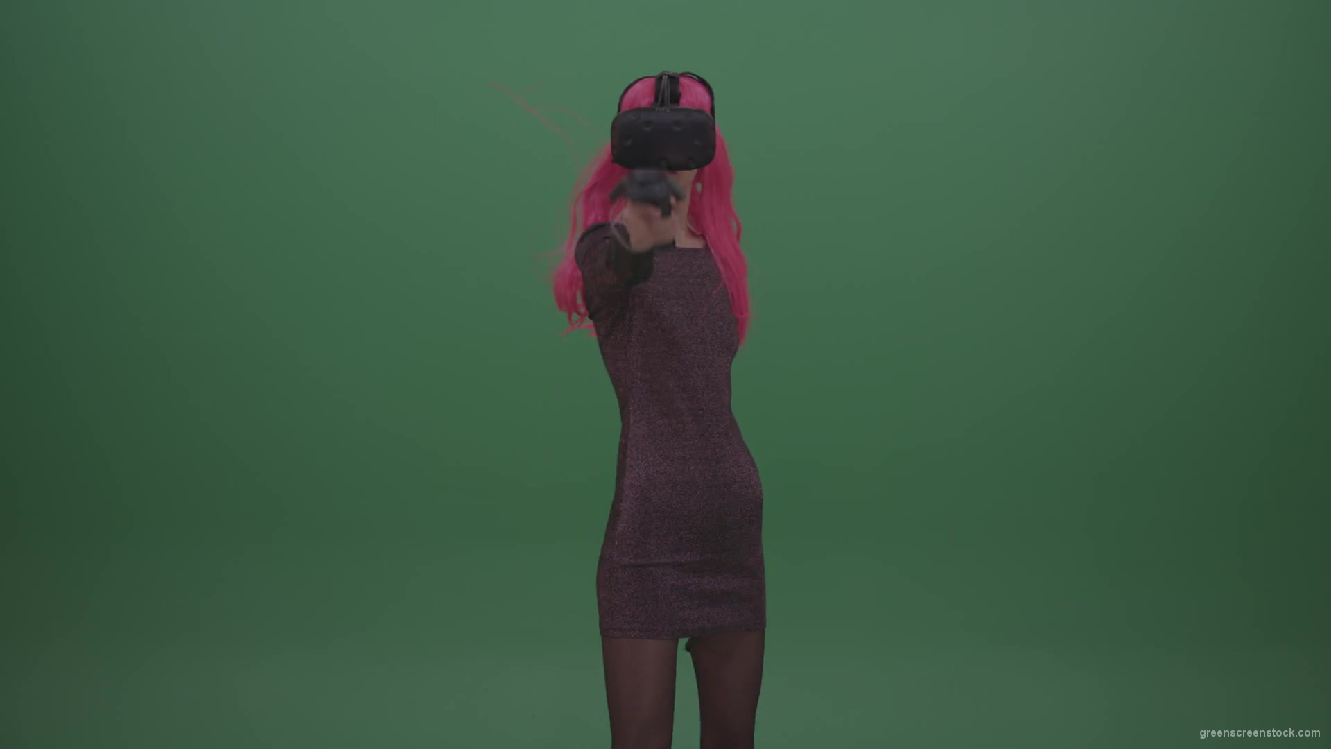 Pink_Hair_Young_Japanese_Anime_Rock_Girl_Shooting_Enemies_In_Virtual_Reality_Game_Heavy_Wind_Weather_Green_Screen_Wall_Background-1920_007 Green Screen Stock