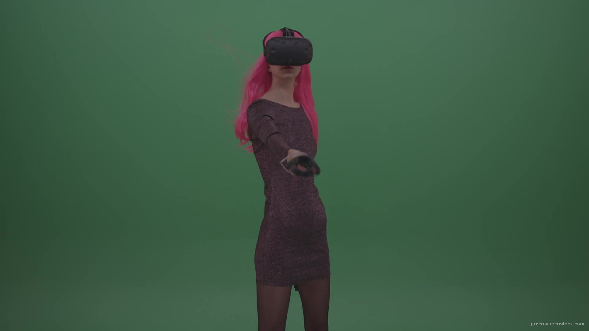 Pink_Hair_Young_Japanese_Anime_Rock_Girl_Shooting_Enemies_In_Virtual_Reality_Game_Heavy_Wind_Weather_Green_Screen_Wall_Background-1920_008 Green Screen Stock