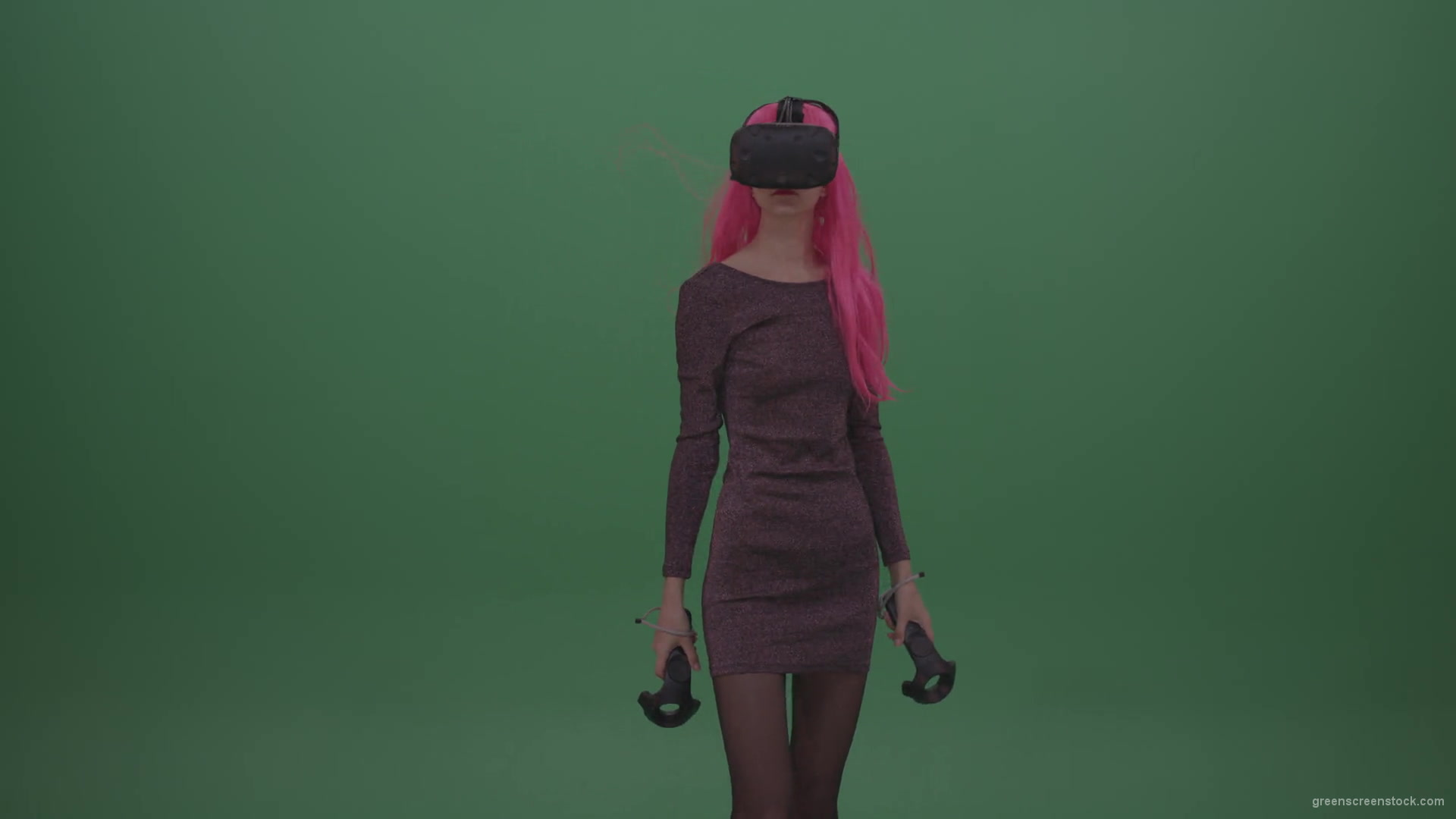 Pink_Hair_Young_Japanese_Anime_Rock_Girl_Shooting_Enemies_In_Virtual_Reality_Game_Heavy_Wind_Weather_Green_Screen_Wall_Background-1920_009 Green Screen Stock