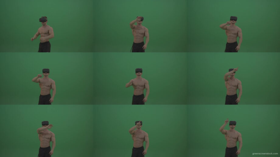 Young_Athletic_Bodybuilder_Working_On_Touch_Pad_Using_Virtual_Reality_Kit_On_Green_Screen_Wall_Background-1920 Green Screen Stock