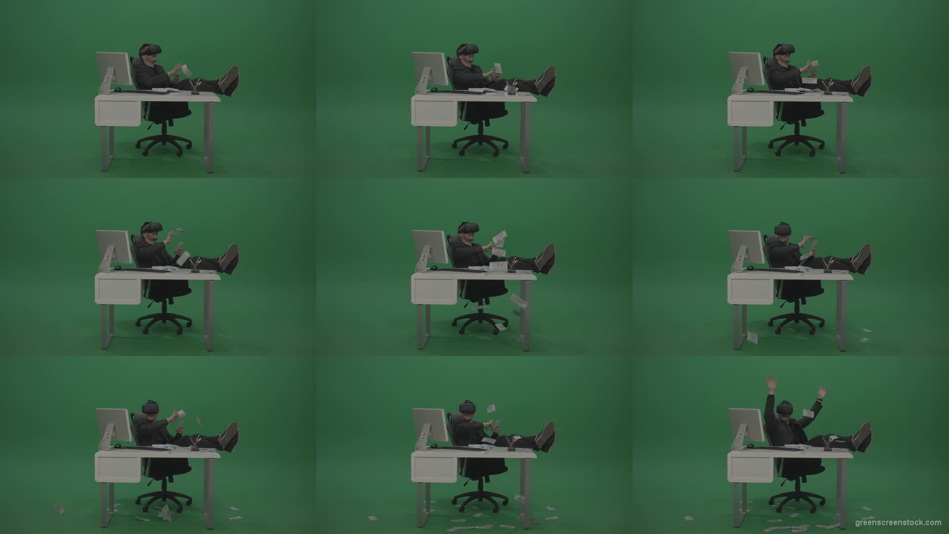 Young_Cool_Handsome_Happily_Laughing_Businessman_Sitting_At_Office_Table_Making_Money_Hasla_On_Green_Screen_Wall_Background-1920 Green Screen Stock